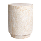 Cylinder Travertine Stone Finish Italian Design MGO Side Accent Table, size 14.2"x14.2"x18.3" perfect for both indoor and outdoor settings.