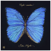 "Blue Monarch Elegance", a stunning 24"x24"x1.5" Crystallus Epoxy Coated Gallery Wrapped Canvas featuring heavy acrylic crystal shard embellishments, gold hand-painted glitter, colored diamond crystal