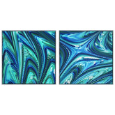 "Ocean Waves I & II" Crystallus Epoxy Coated Wrapped Framed Glossy Blue Canvas Wall Art with Heavy Acrylic Crystal Shards Embellishments