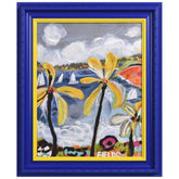 "Tropical Palm" Chromatic Hand Painted Embellished Giclee Landscape Canvas Wall Art with Baroque Frame