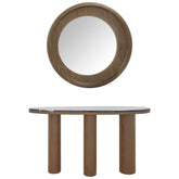 Modern and Curvilinear Walnut Wood Veneer Mirror and Console Set