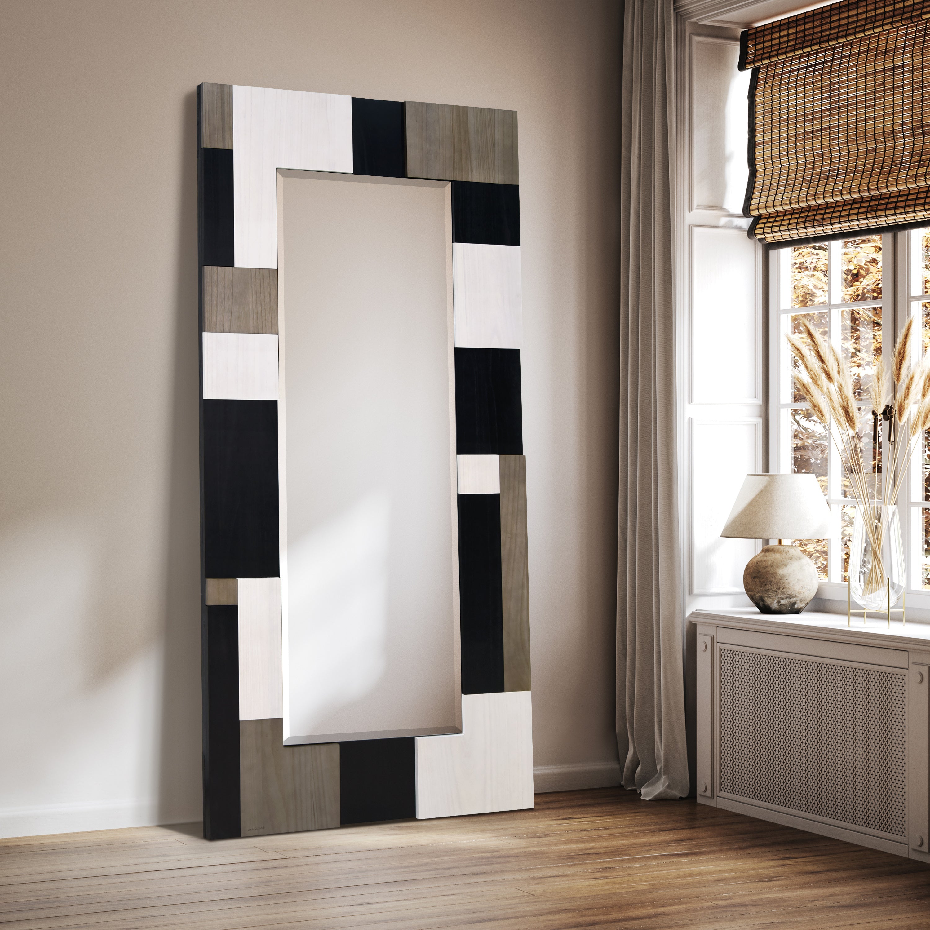 "Geometric Blocks" Hand Made Solid Paulownia Wood Beveled Leaner Mirror size 80" x 40"