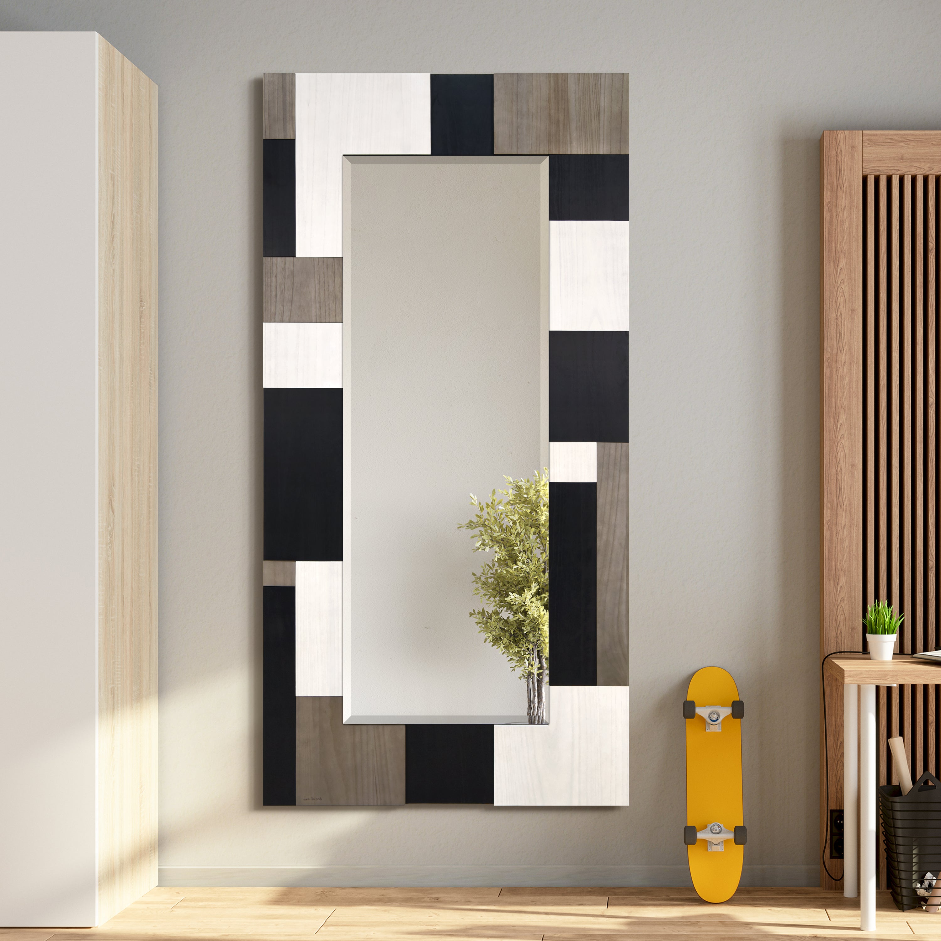 "Geometric Blocks" Hand Made Solid Paulownia Wood Beveled Leaner Mirror size 80" x 40"