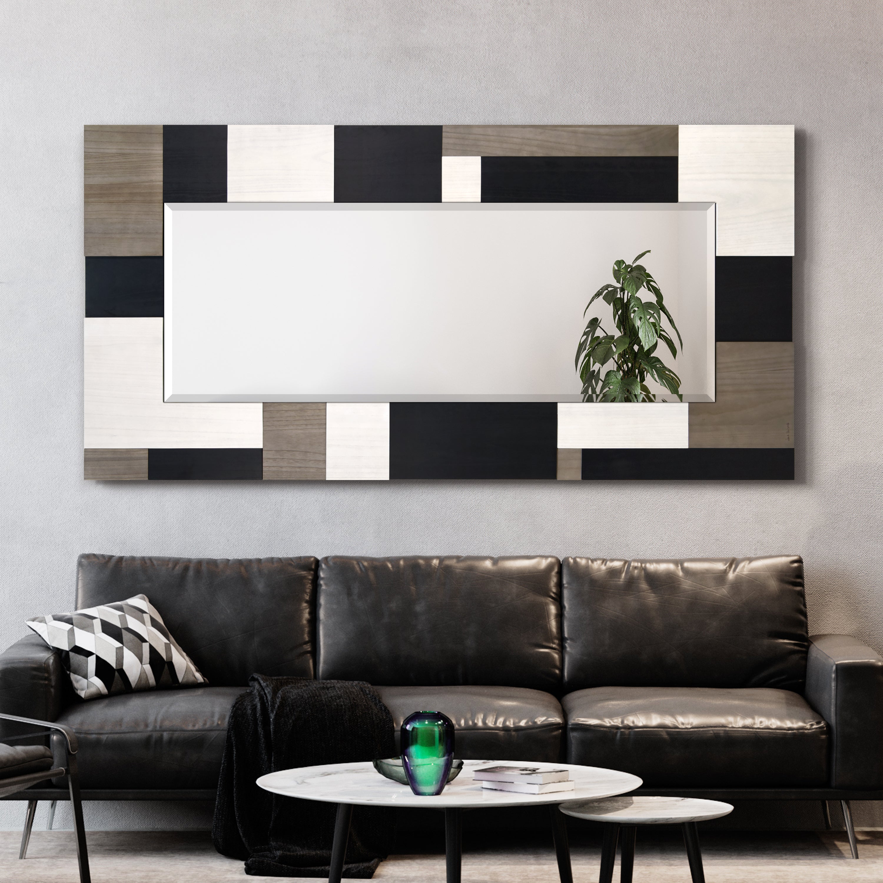 "Geometric Blocks" Hand Made Solid Paulownia Wood Beveled Leaner Mirror size 80" x 40"
