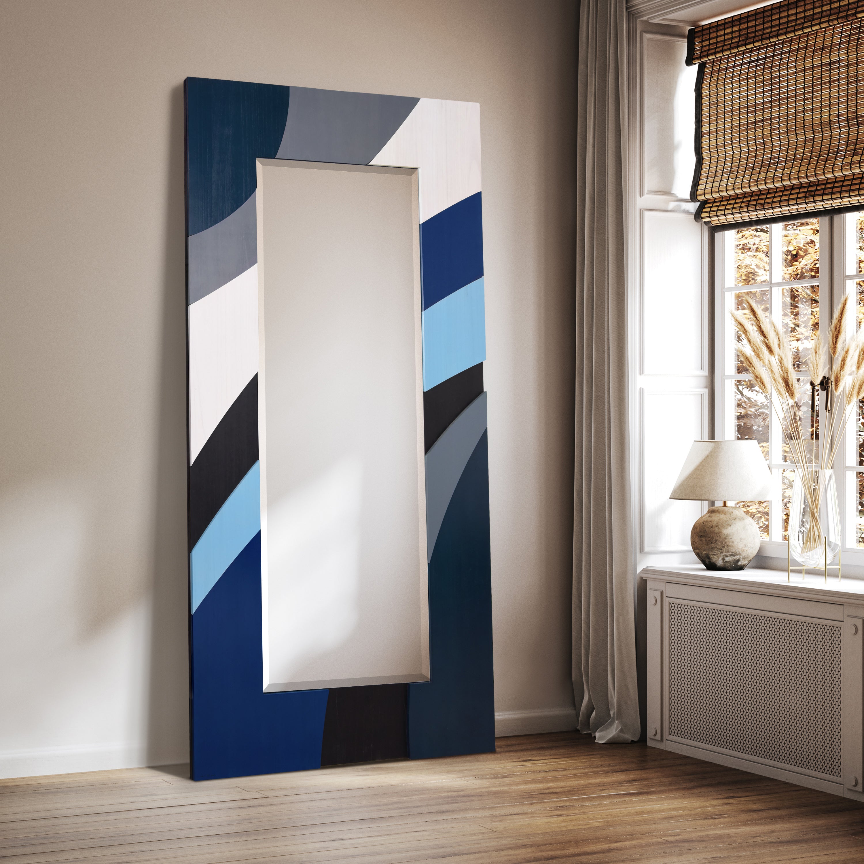 "Blue Waves" Hand Made Solid Paulownia Wood Beveled Leaner Mirror size 80" x 40"