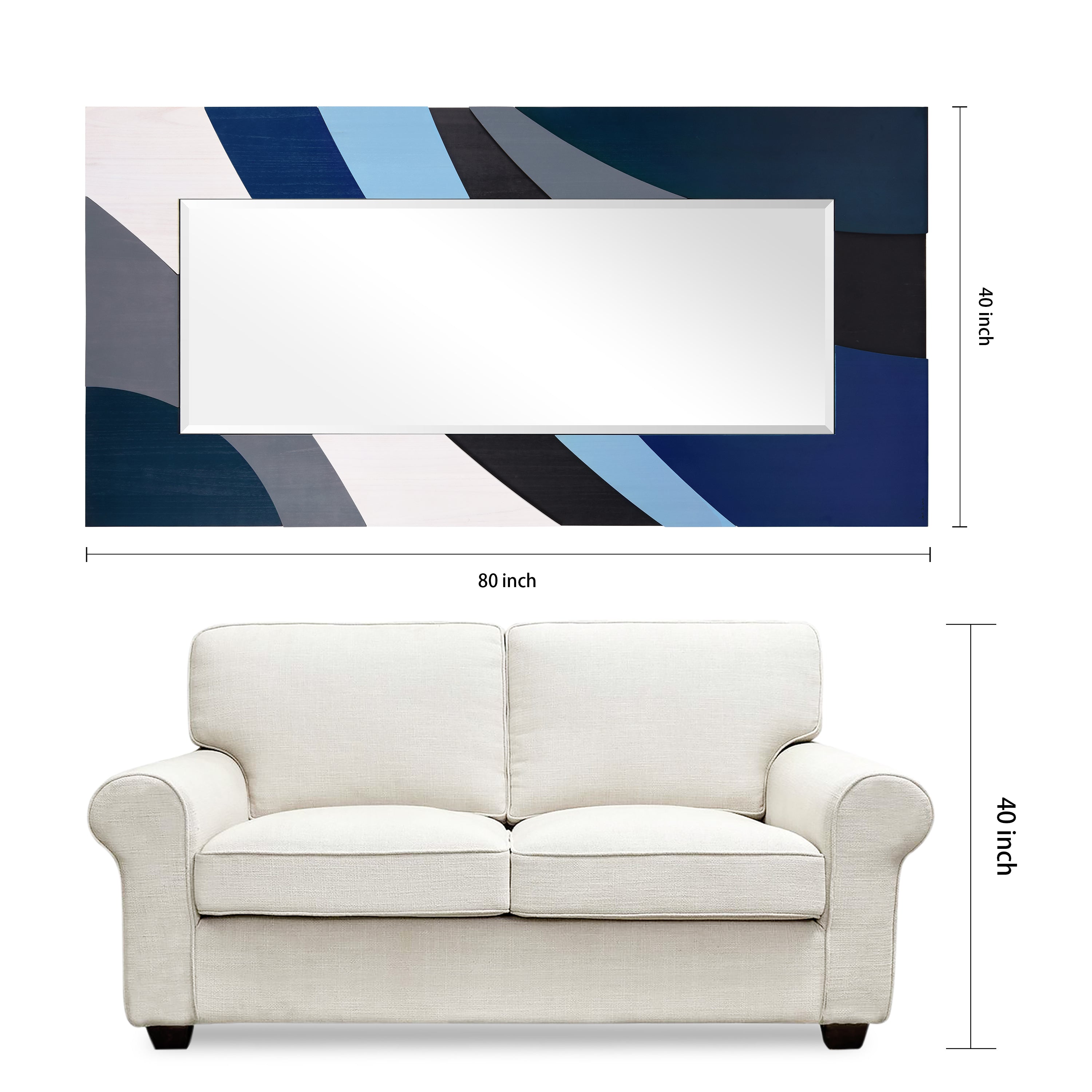 "Blue Waves" Hand Made Solid Paulownia Wood Beveled Leaner Mirror size 80" x 40"