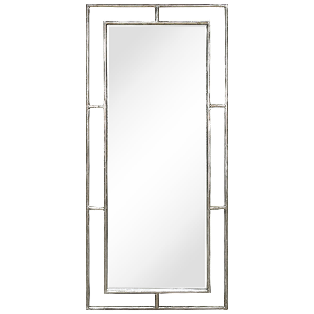 "Antique Champagne Rectangular Wall Mirror",38"x82", Beveled Mirror Featuring a Silver Foiled and Antique Champagne Finished Iron Pipe Frame