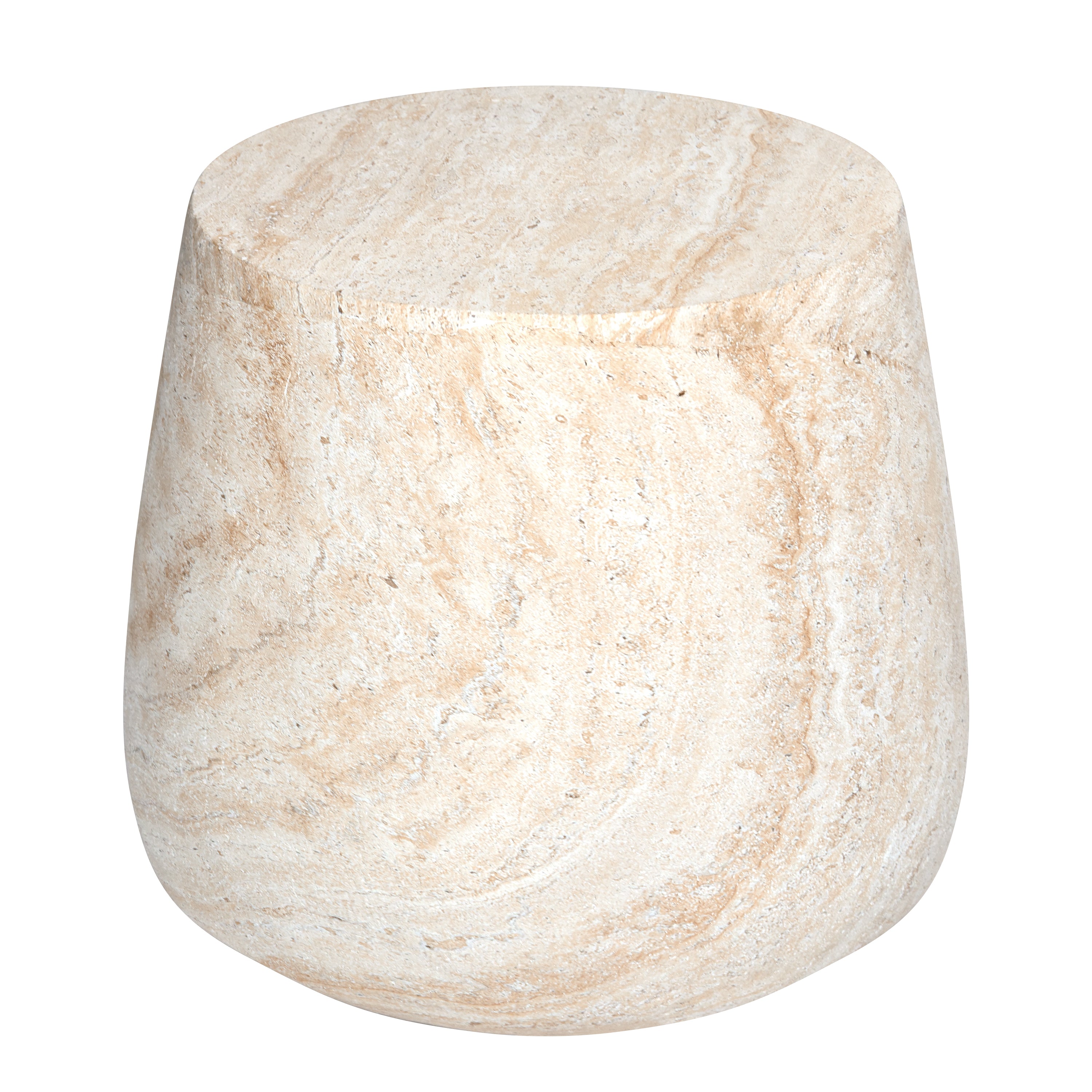 Barrel Travertine Stone Finish MGO Side Accent Table, size 18.8"x18.8"x16.1"  suitable for both indoor and outdoor spaces.