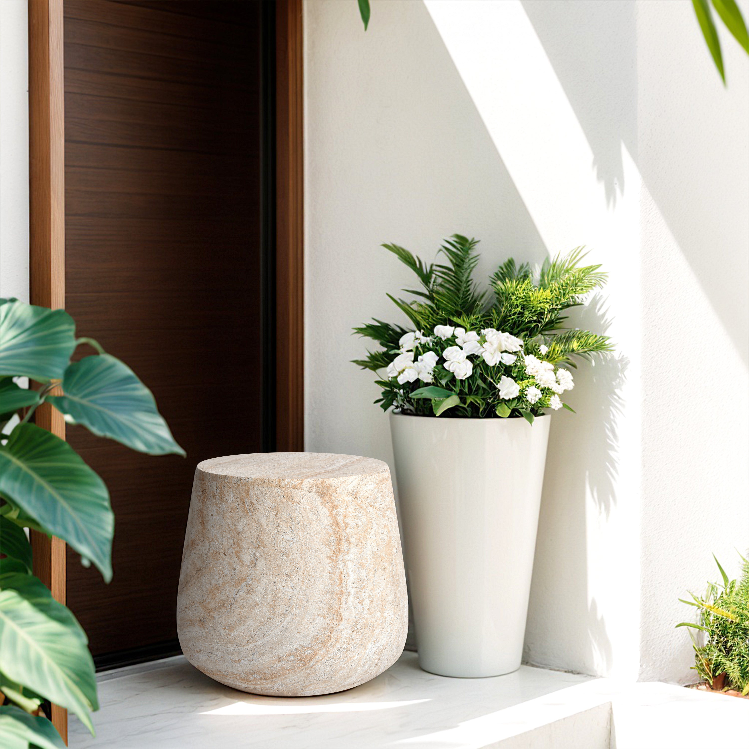 Barrel Travertine Stone Finish MGO Side Accent Table, size 18.8"x18.8"x16.1"  suitable for both indoor and outdoor spaces.