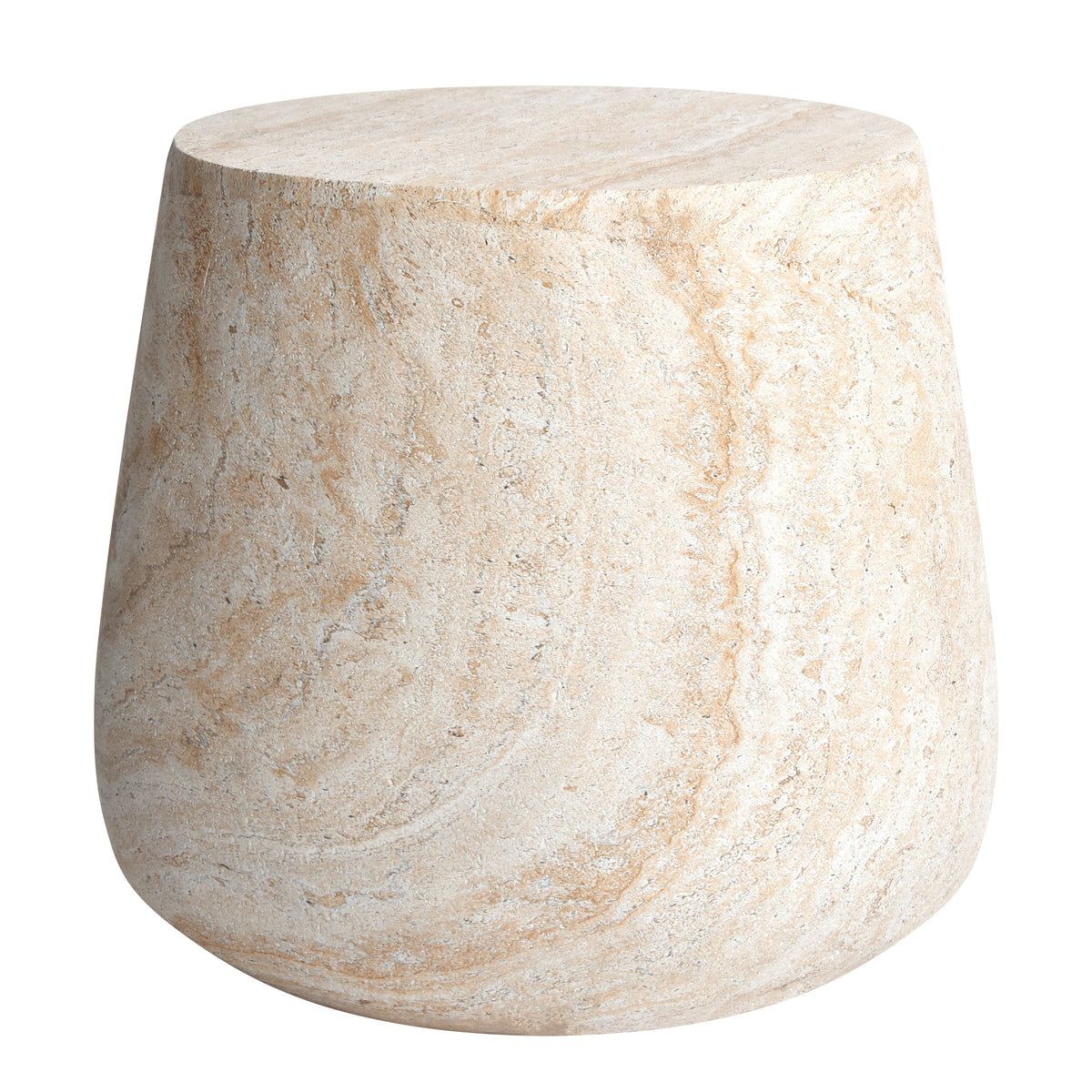 Barrel Travertine Stone Finish MGO Side Accent Table, size 18.8"x18.8"x16.1"  suitable for both indoor and outdoor spaces.