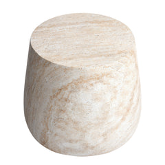 Barrel Travertine Stone Finish MGO Side Accent Table, size 18.8"x18.8"x16.1"  suitable for both indoor and outdoor spaces.
