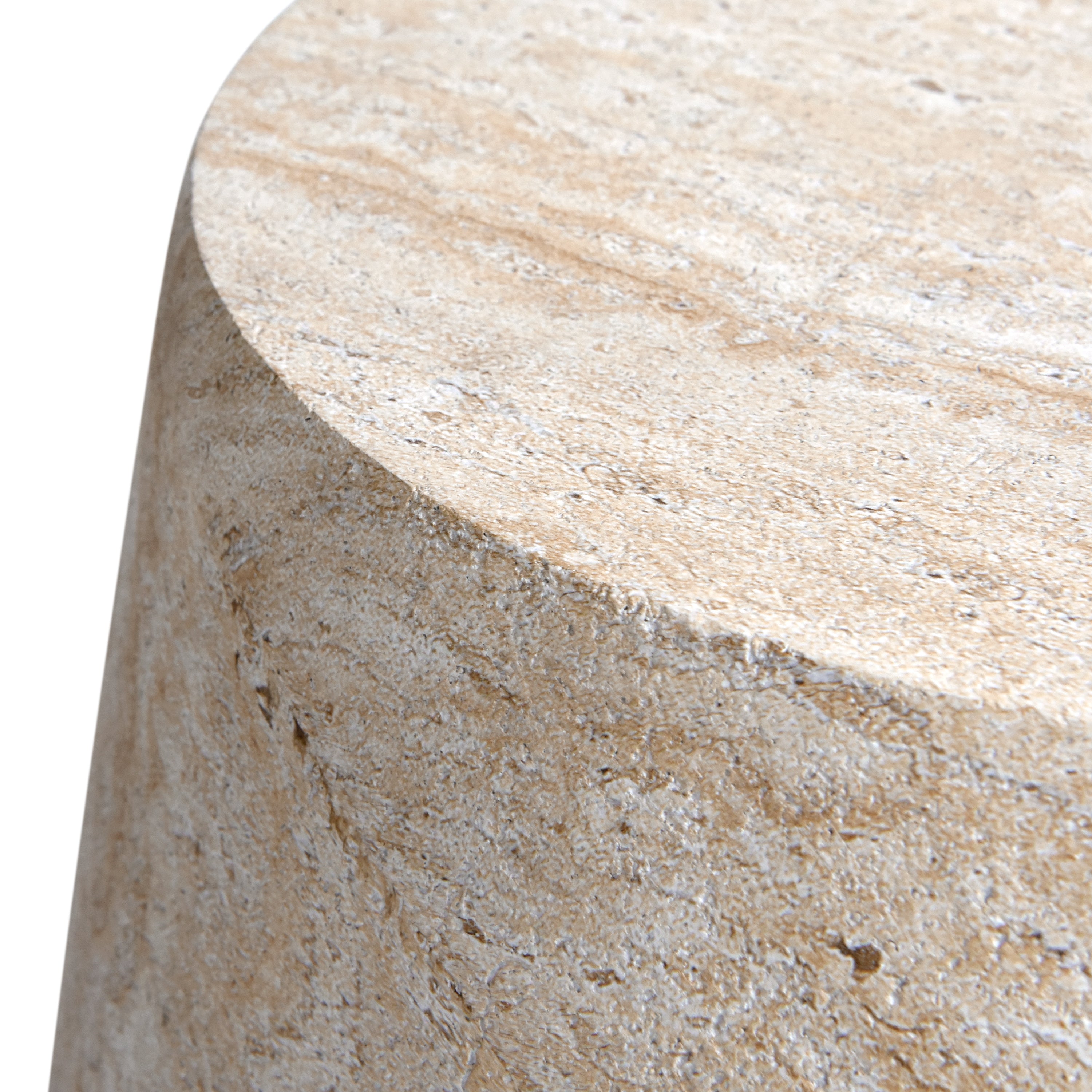 Barrel Travertine Stone Finish MGO Side Accent Table, size 18.8"x18.8"x16.1"  suitable for both indoor and outdoor spaces.