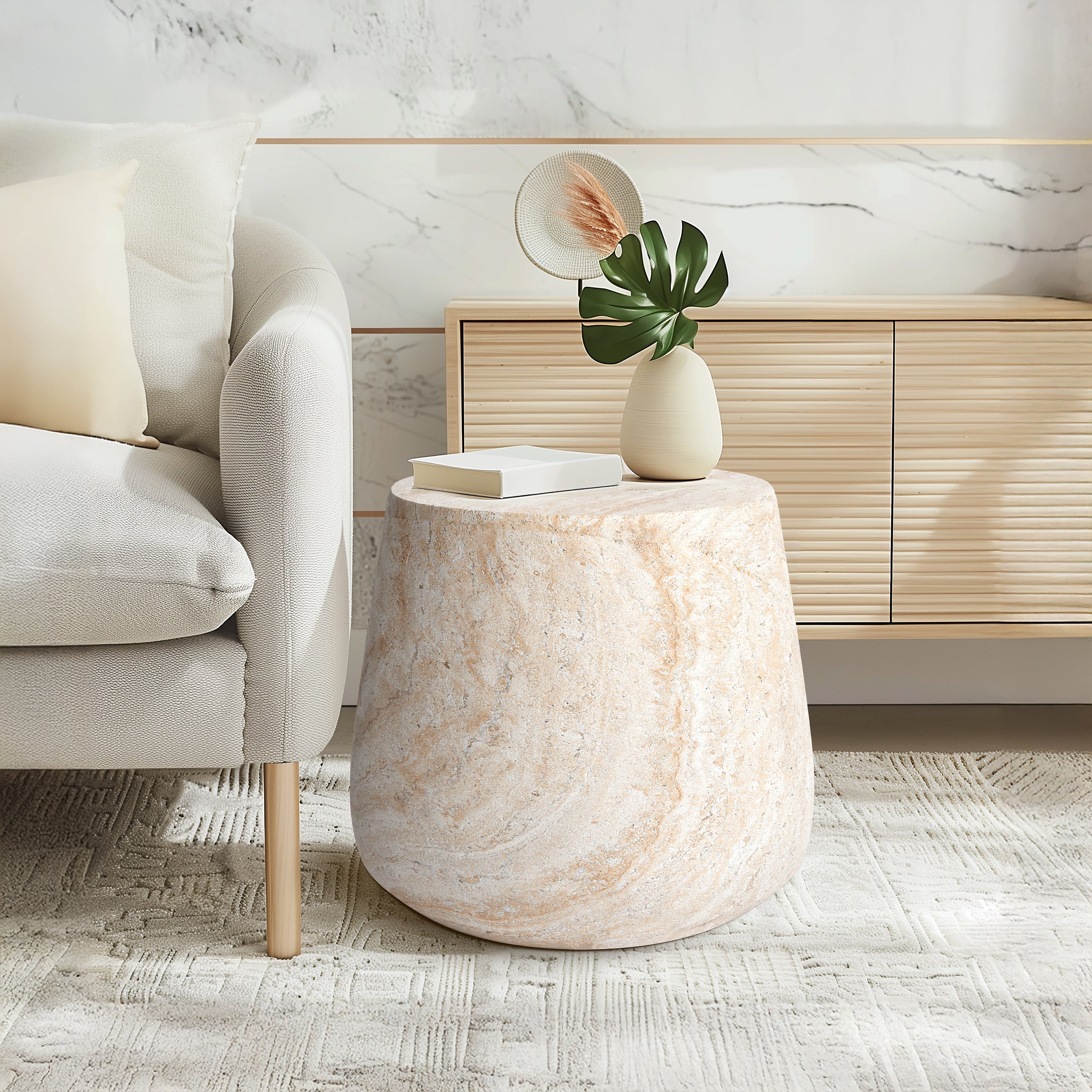 Barrel Travertine Stone Finish MGO Side Accent Table, size 18.8"x18.8"x16.1"  suitable for both indoor and outdoor spaces.