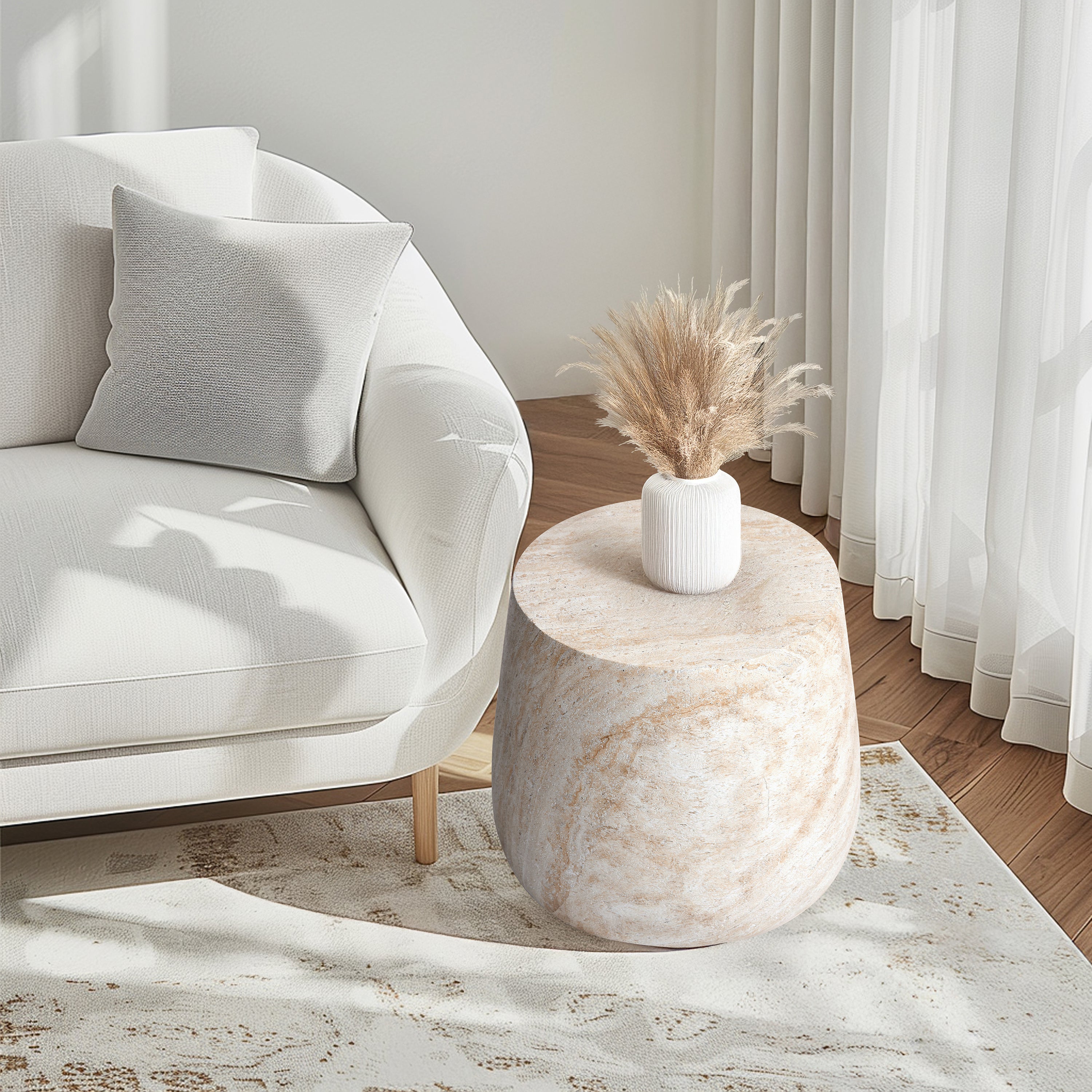 Barrel Travertine Stone Finish MGO Side Accent Table, size 18.8"x18.8"x16.1"  suitable for both indoor and outdoor spaces.