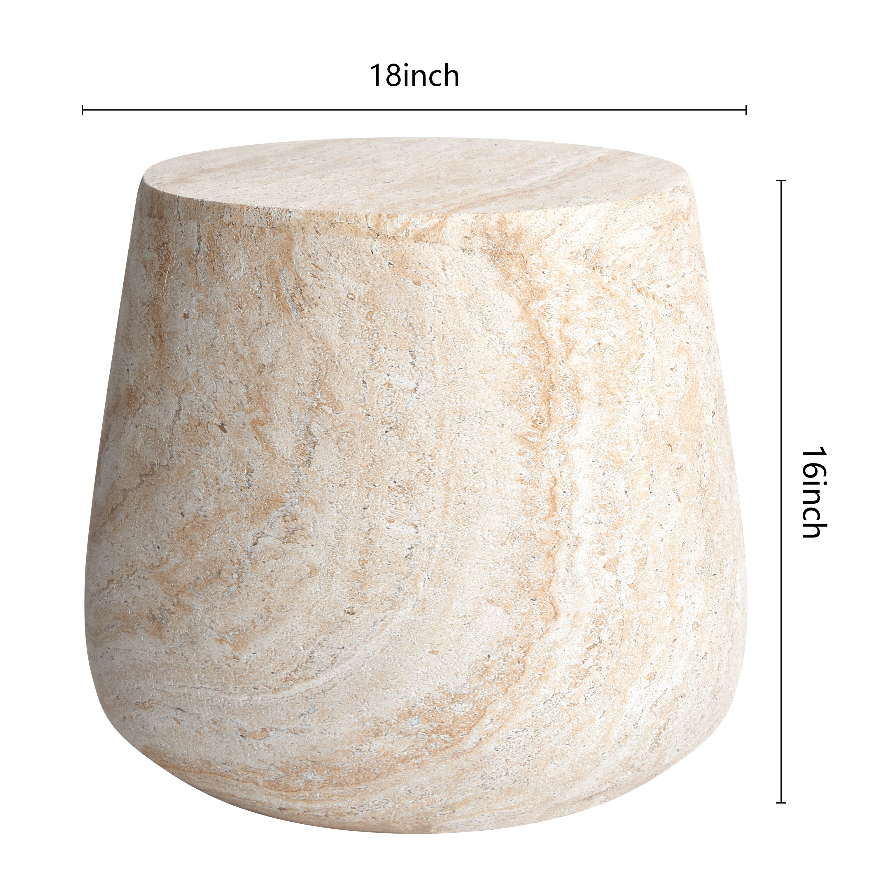 Barrel Travertine Stone Finish MGO Side Accent Table, size 18.8"x18.8"x16.1"  suitable for both indoor and outdoor spaces.