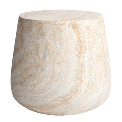 Barrel Travertine Stone Finish MGO Side Accent Table, size 18.8"x18.8"x16.1"  suitable for both indoor and outdoor spaces.