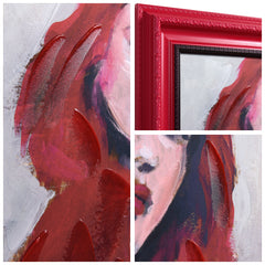 "Scarlet Muse" Chromatic Hand Painted Embellished Giclee Portrait Canvas Wall Art with Baroque Frame
