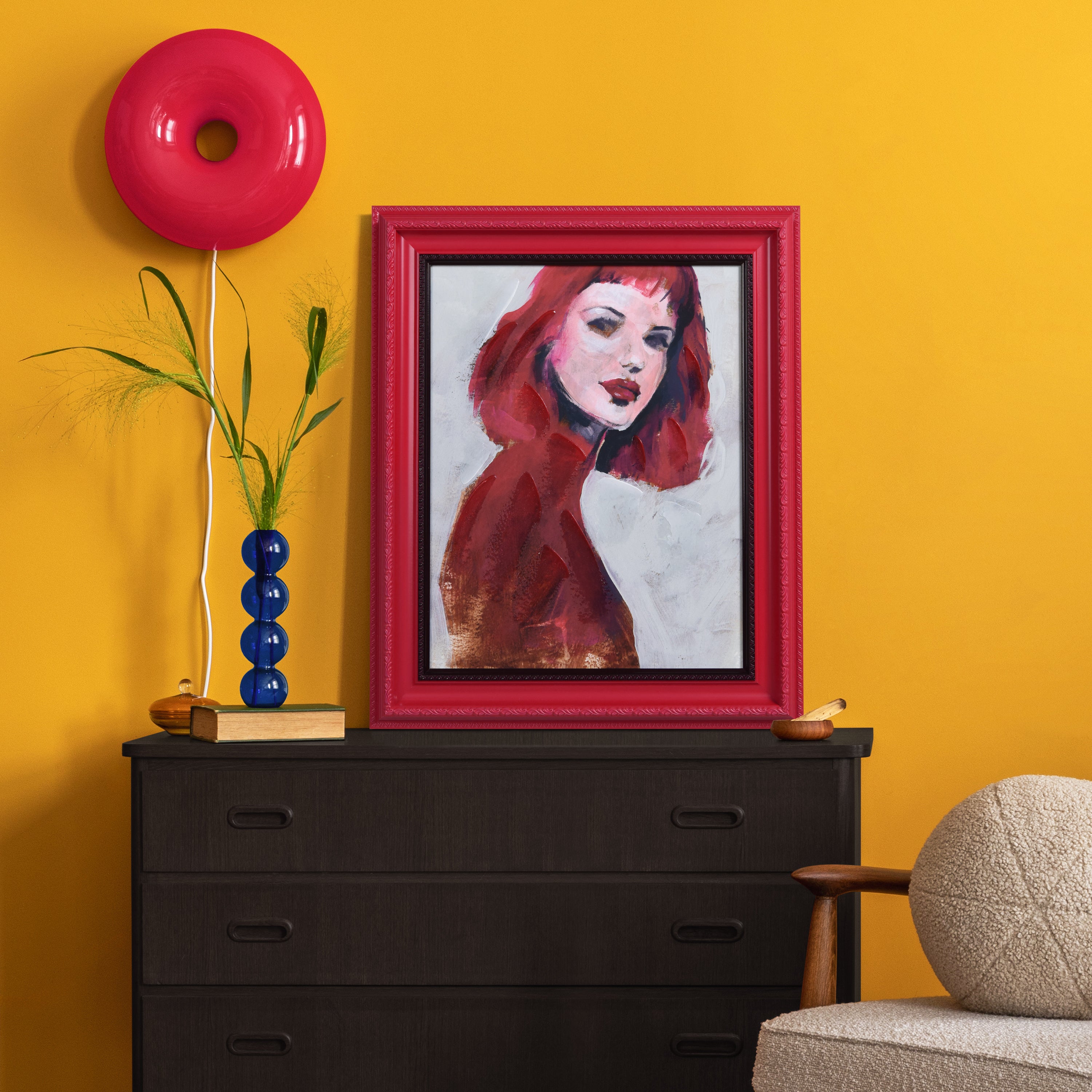 "Scarlet Muse" Chromatic Hand Painted Embellished Giclee Portrait Canvas Wall Art with Baroque Frame