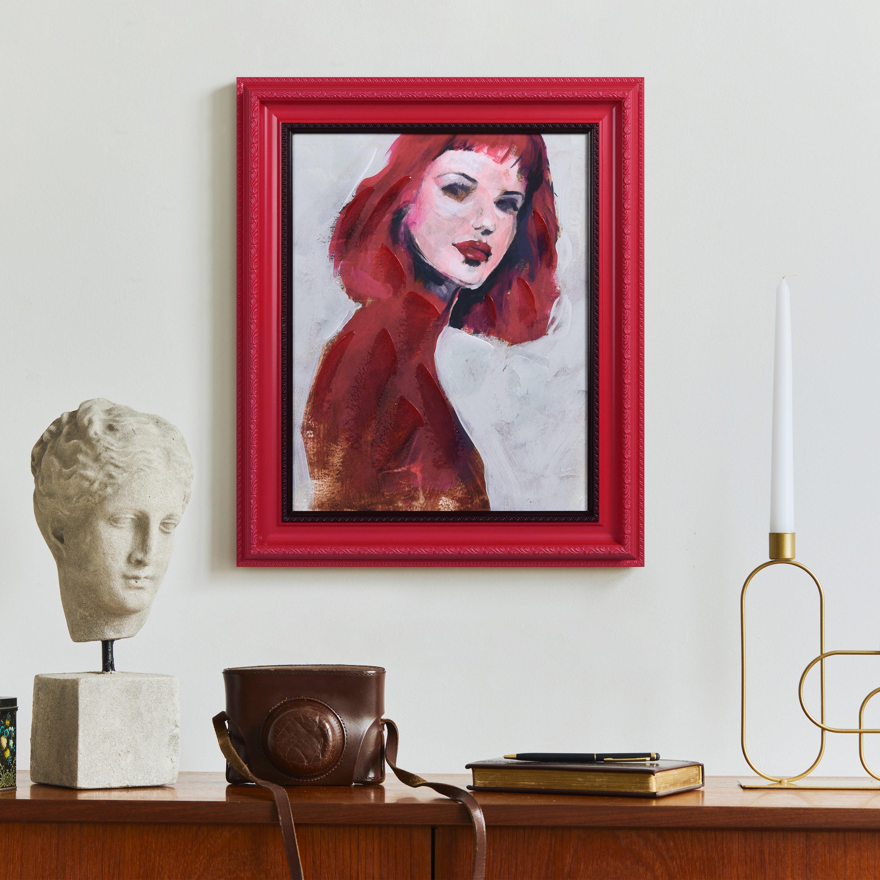 "Scarlet Muse" Chromatic Hand Painted Embellished Giclee Portrait Canvas Wall Art with Baroque Frame