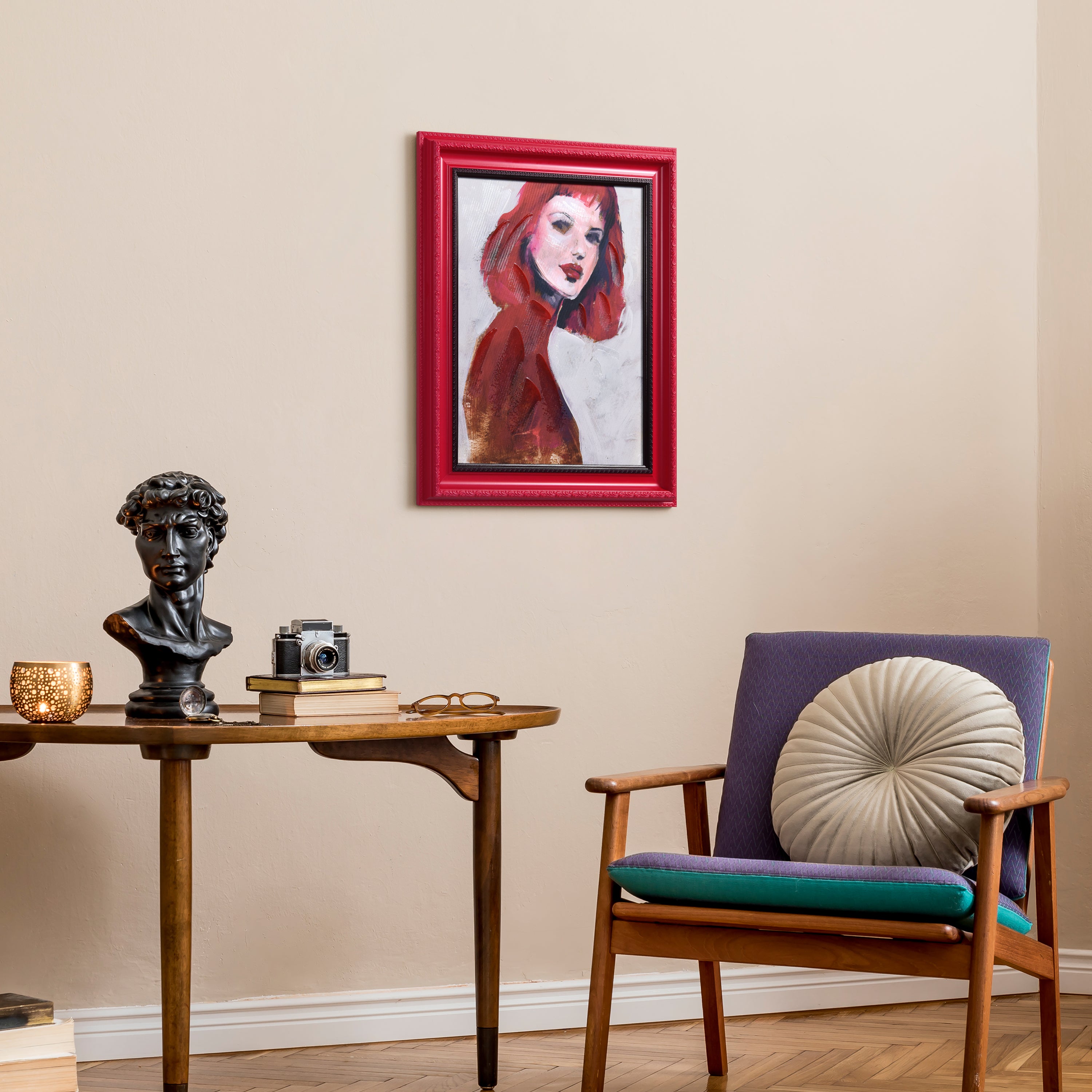 "Scarlet Muse" Chromatic Hand Painted Embellished Giclee Portrait Canvas Wall Art with Baroque Frame