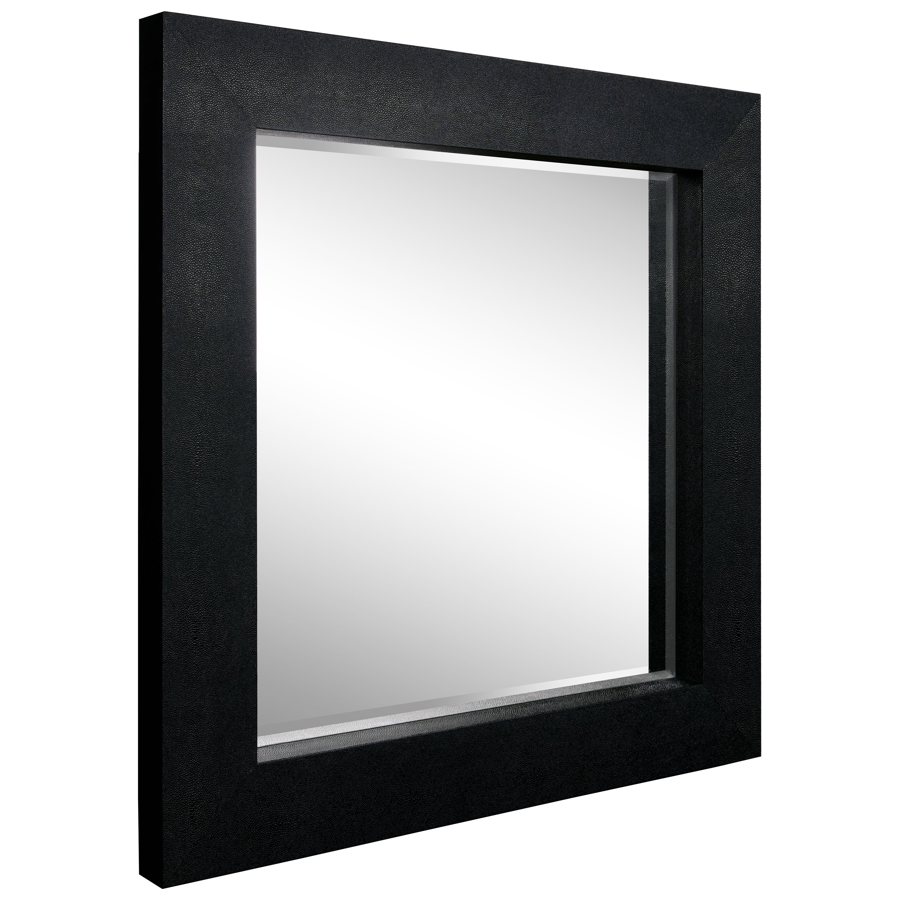 Black on Black Metallic Shagreen Leather Framed Beveled Mirror