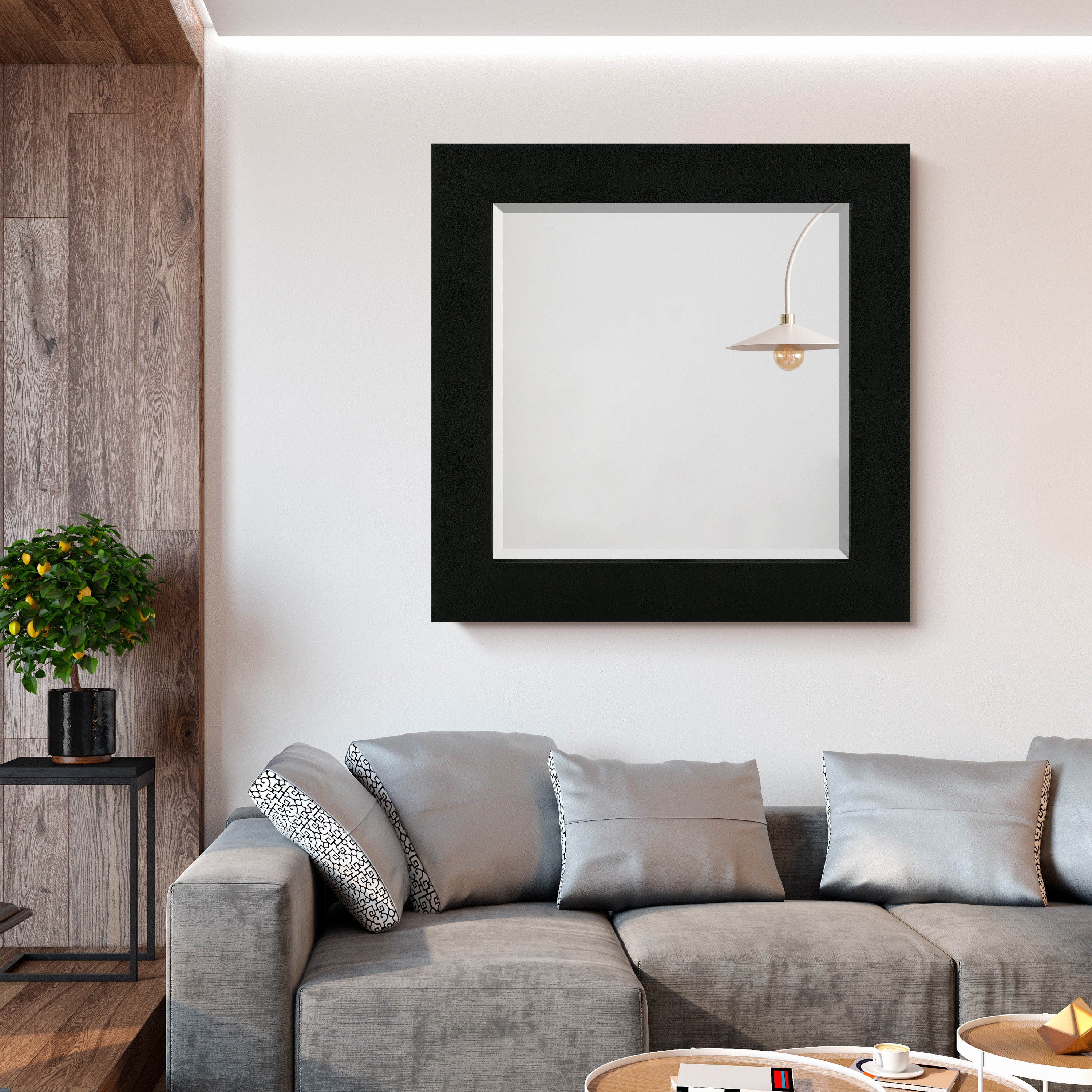 Black on Black Metallic Shagreen Leather Framed Beveled Mirror