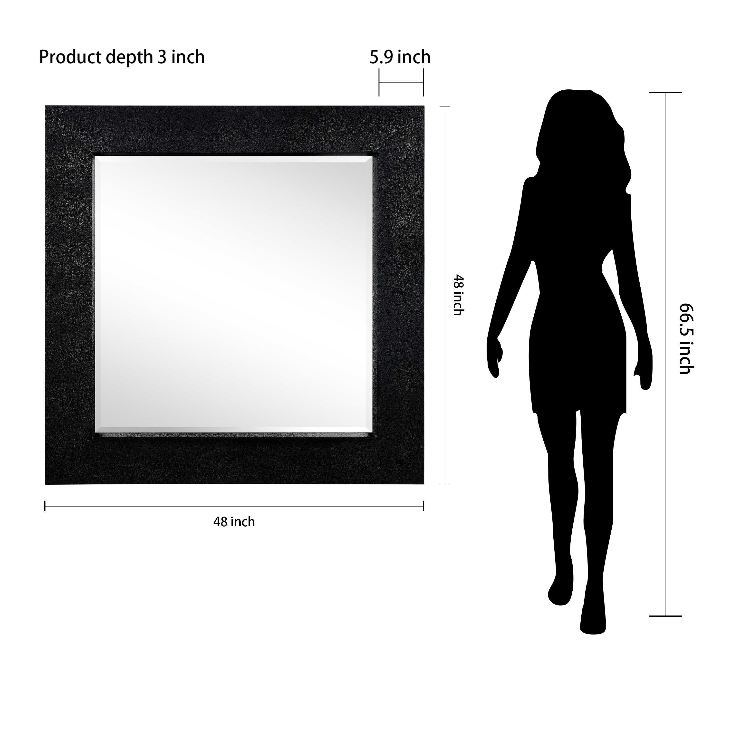 Black on Black Metallic Shagreen Leather Framed Beveled Mirror
