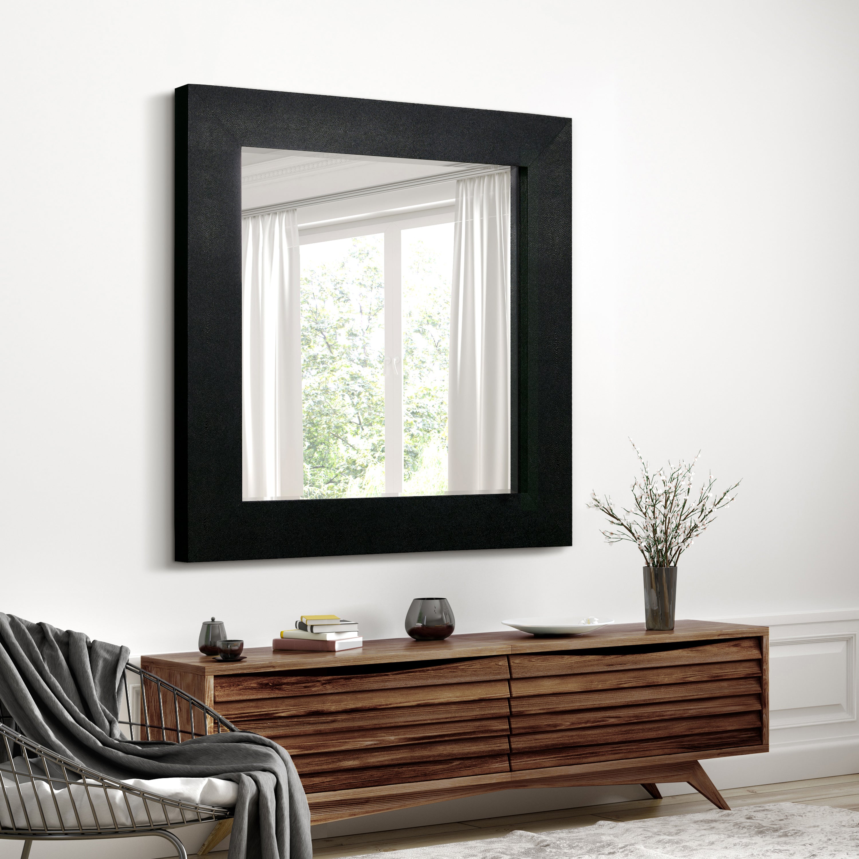 Black on Black Metallic Shagreen Leather Framed Beveled Mirror
