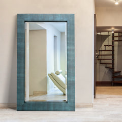 Black on Blue Metallic Shagreen Leather Framed Beveled Mirror