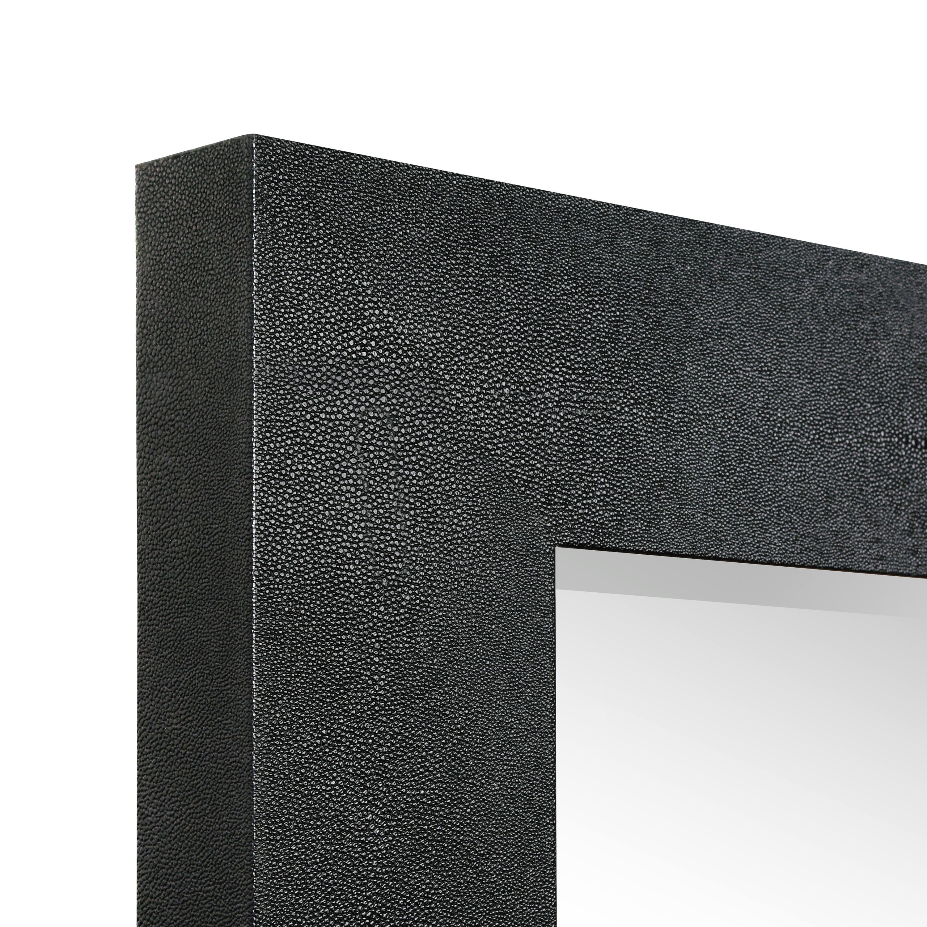 Black on Black Metallic Shagreen Leather Framed Beveled Mirror