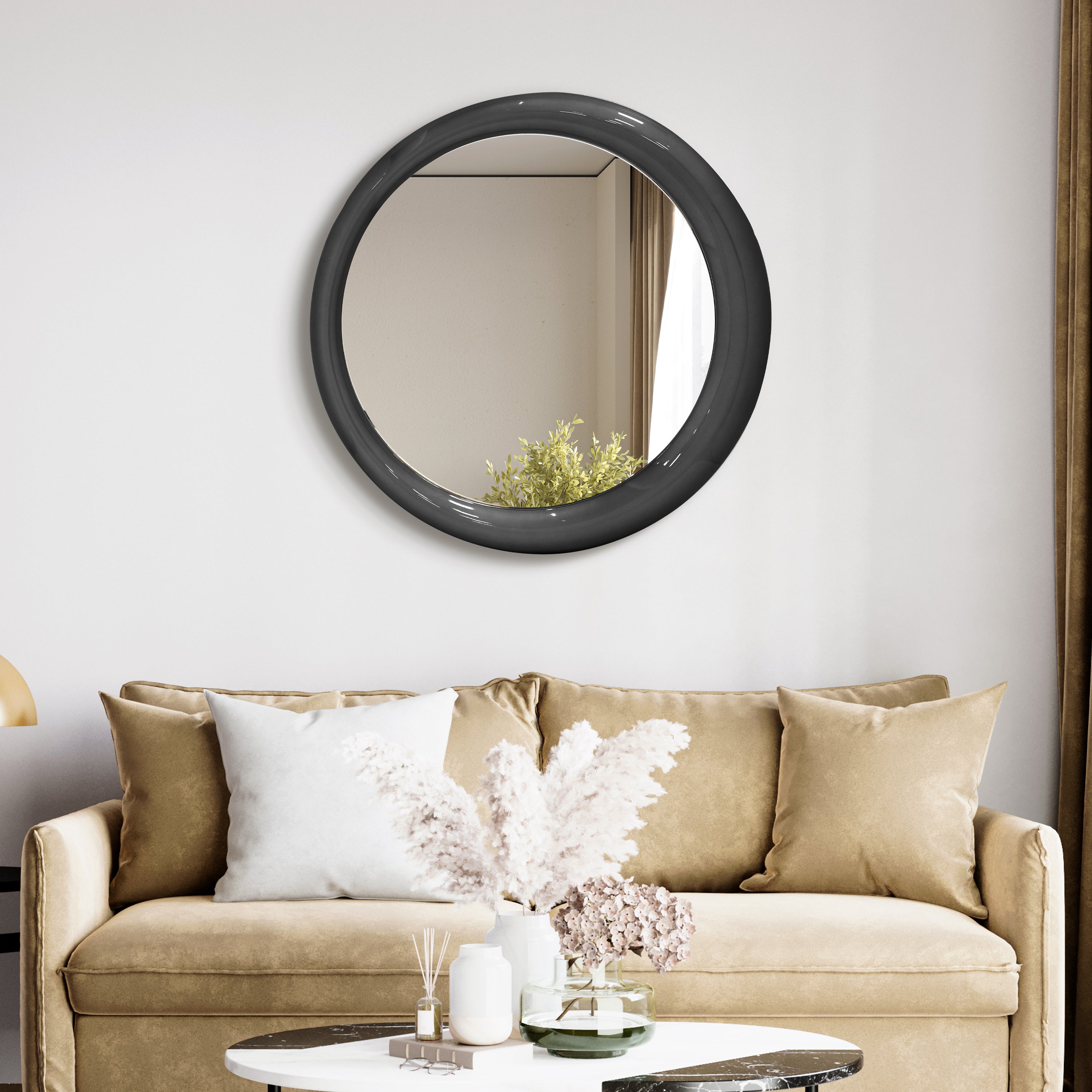 Modern and Curvilinear High Gloss Black Lacquer Mirror