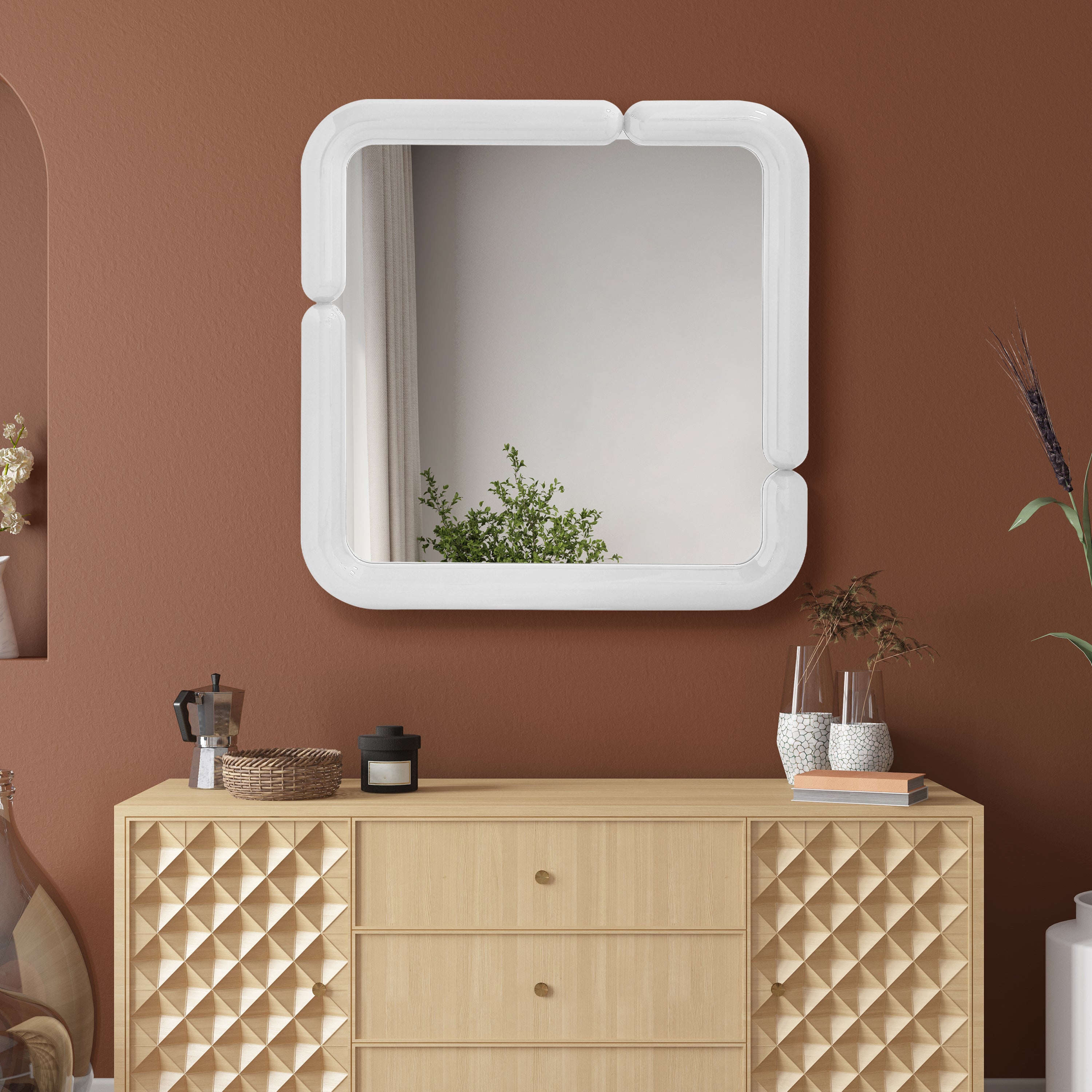 Modern and Curvilinear High Gloss White Lacquer Mirror