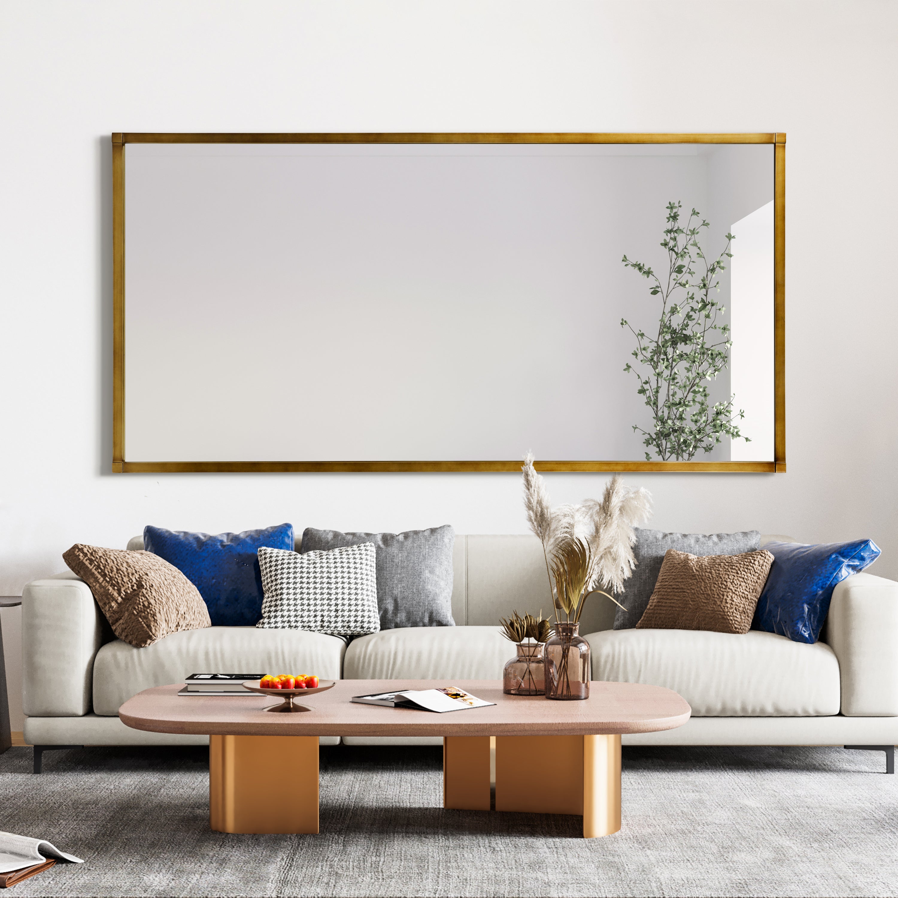 Brushed Gold Metal Framed Rectangular Wall Mirror, 80"x40"