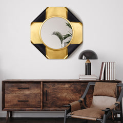 Round Wall Mirror on Gold Foiled Octagon with Curled Metal Frame