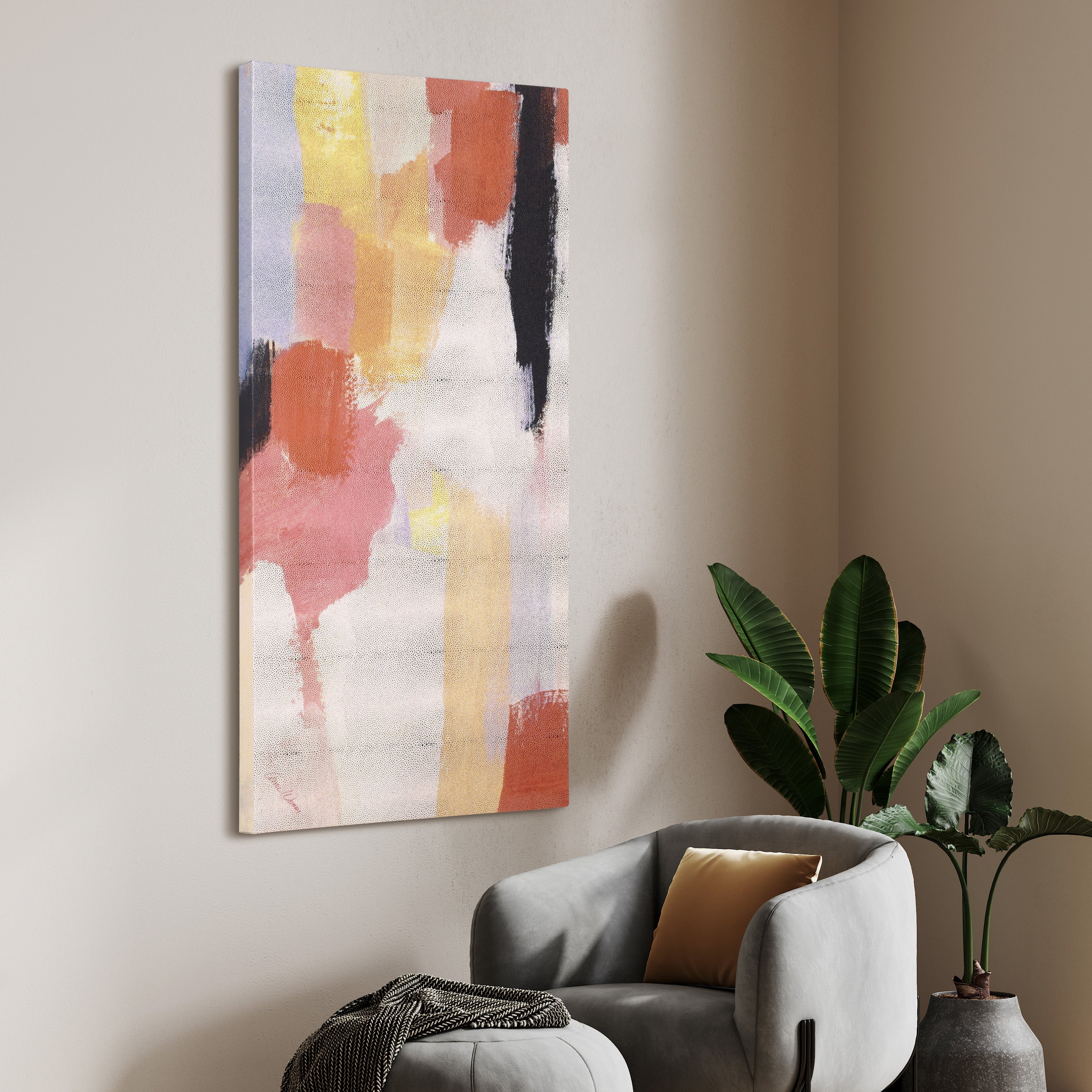 "Vibrant Harmony I" Lively Abstract Rendered on Gold Metallic Shagreen Gallery Wrapped  Wall Art, sized 48"x24"