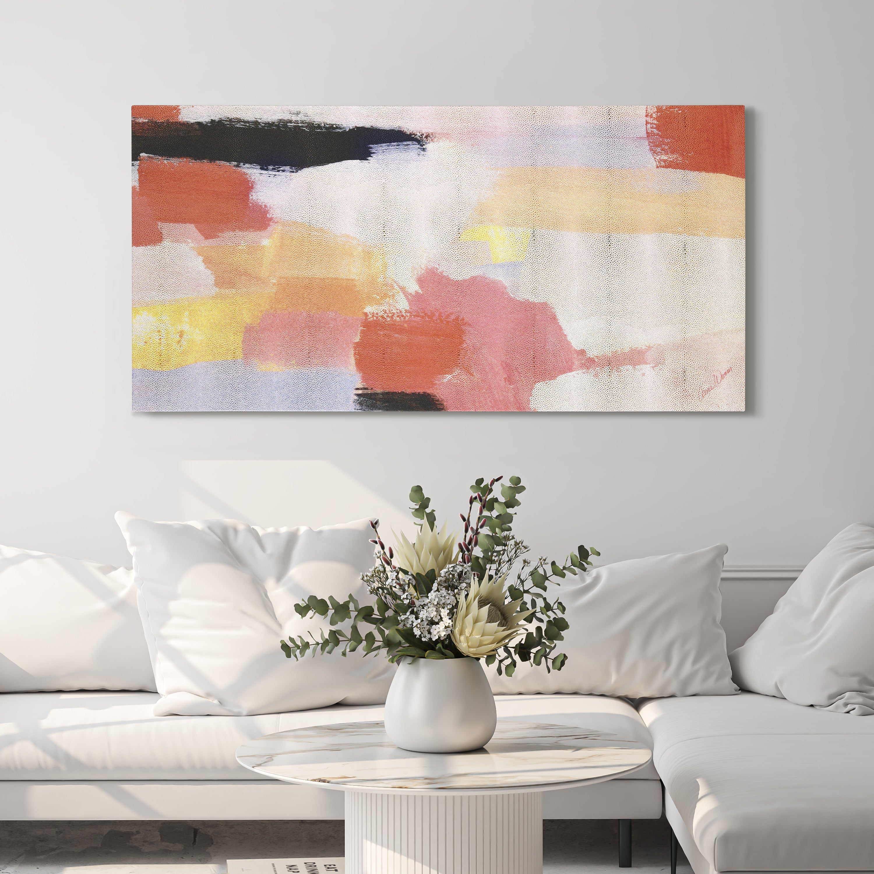 "Vibrant Harmony I" Lively Abstract Rendered on Gold Metallic Shagreen Gallery Wrapped  Wall Art, sized 48"x24"