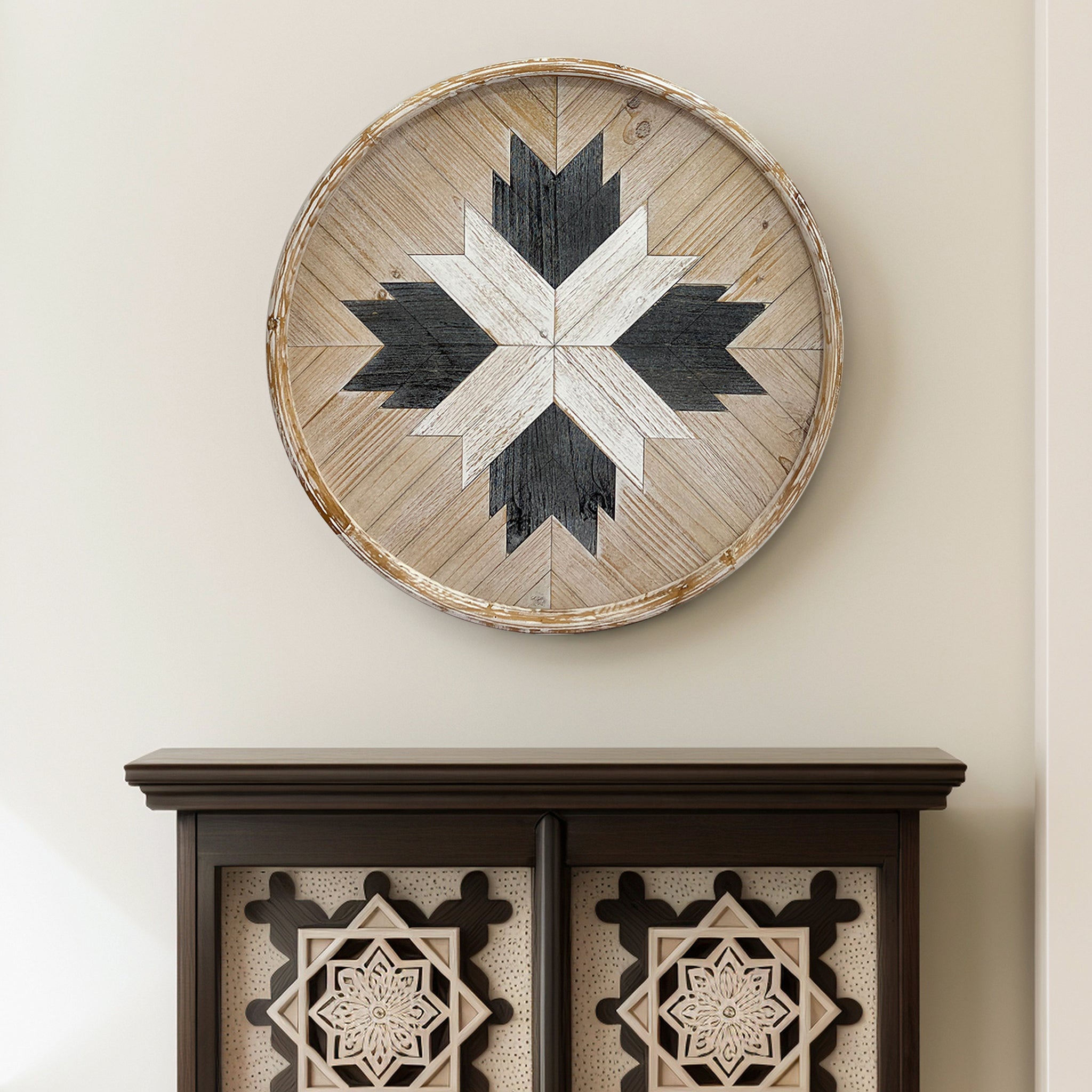 Northern Compass - Handcrafted Round Wood Wall Art with Intricate Geometric Patterns and Natural Textures