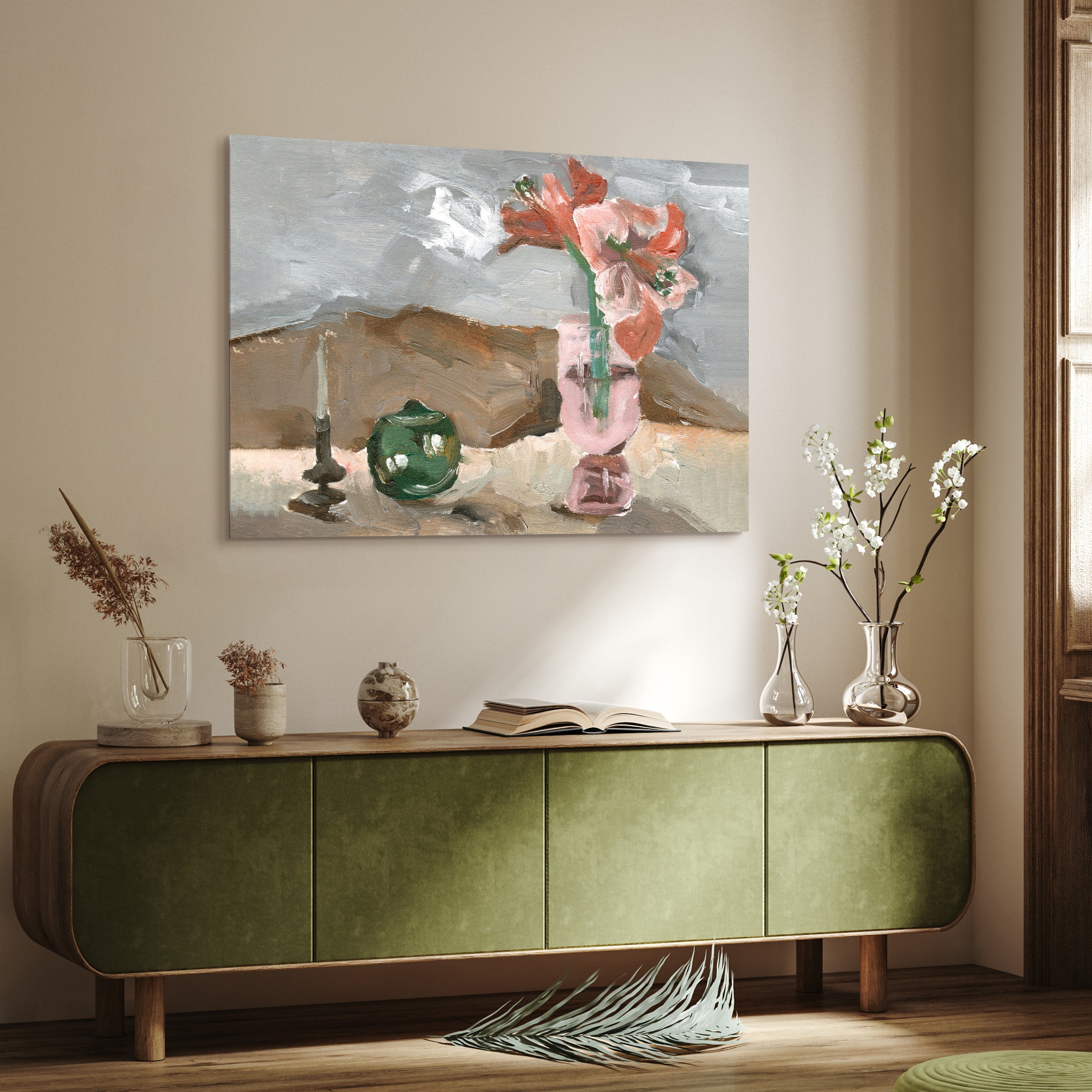 "Rustic Still Life II" Vase&Flower Frameless Freefloating Reverse Printed Tempered Art Glass Wall Art