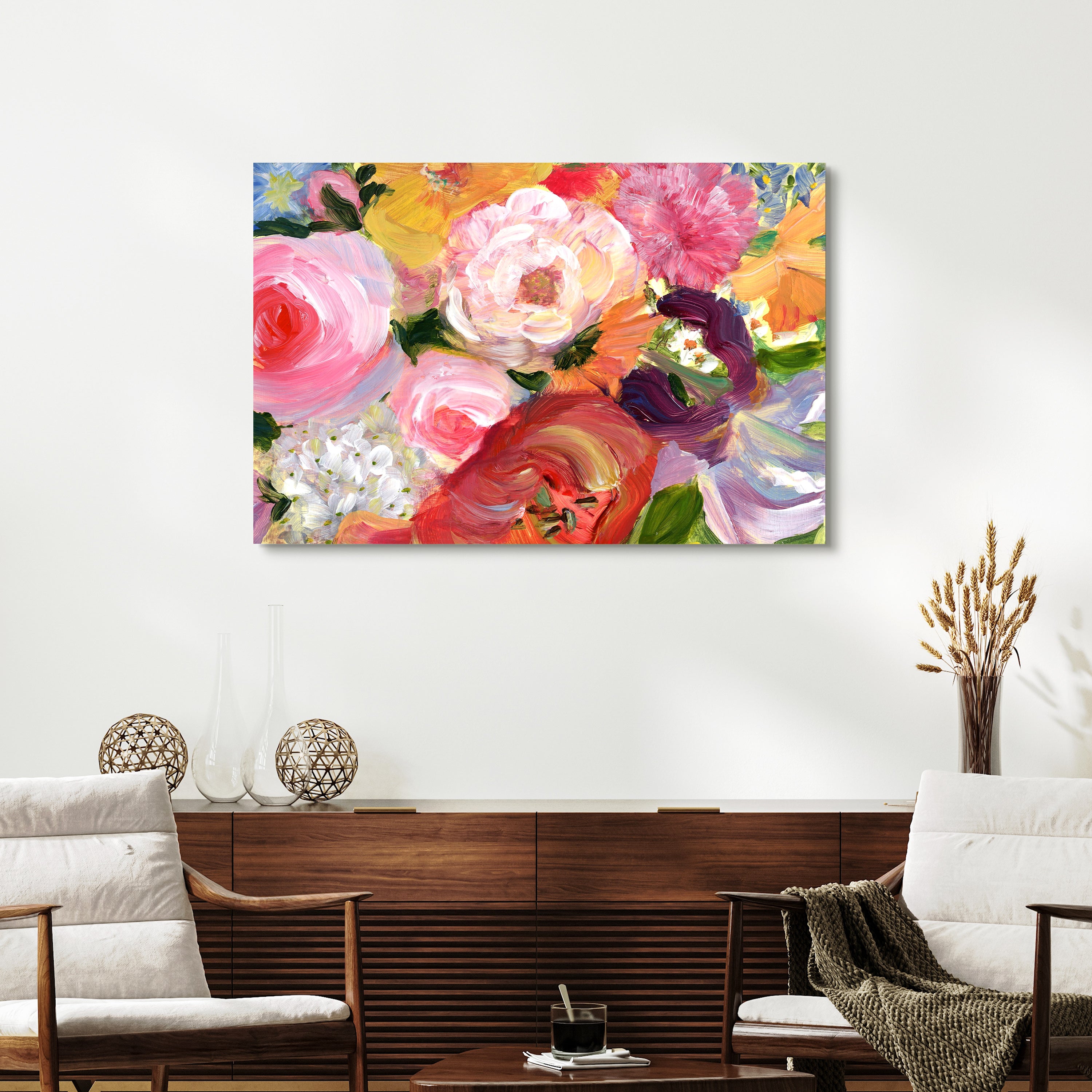 "Blossom Symphony I" Flowers Frameless Free Floating Reverse Printed Tempered Art Glass Wall Art