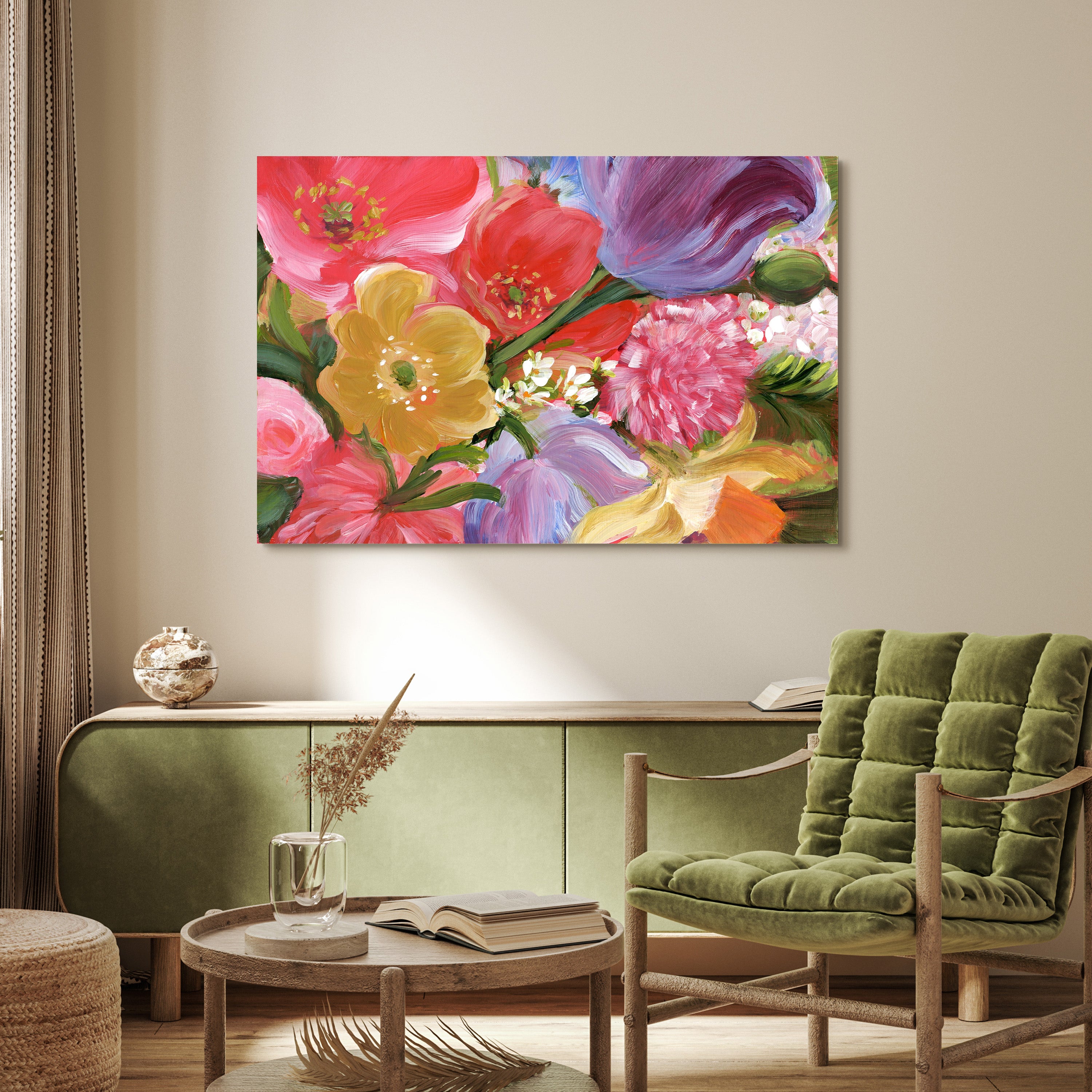 "Blossom Symphony II" Flowers Frameless Free Floating Reverse Printed Tempered Art Glass Wall Art