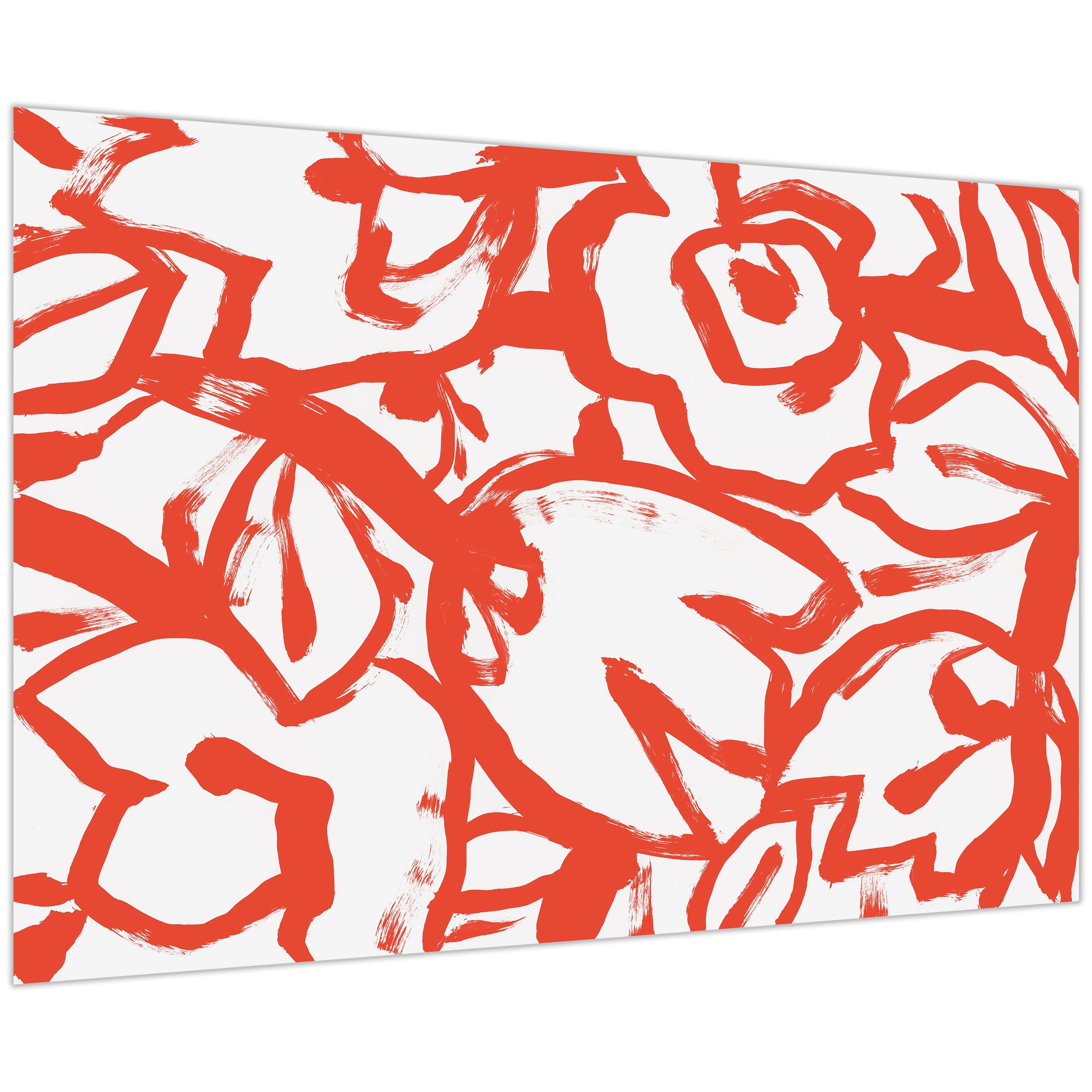 "Scarlet Blooms I" Red Brush Floral Frameless Free Floating Reverse Printed Tempered Art Glass Wall Art
