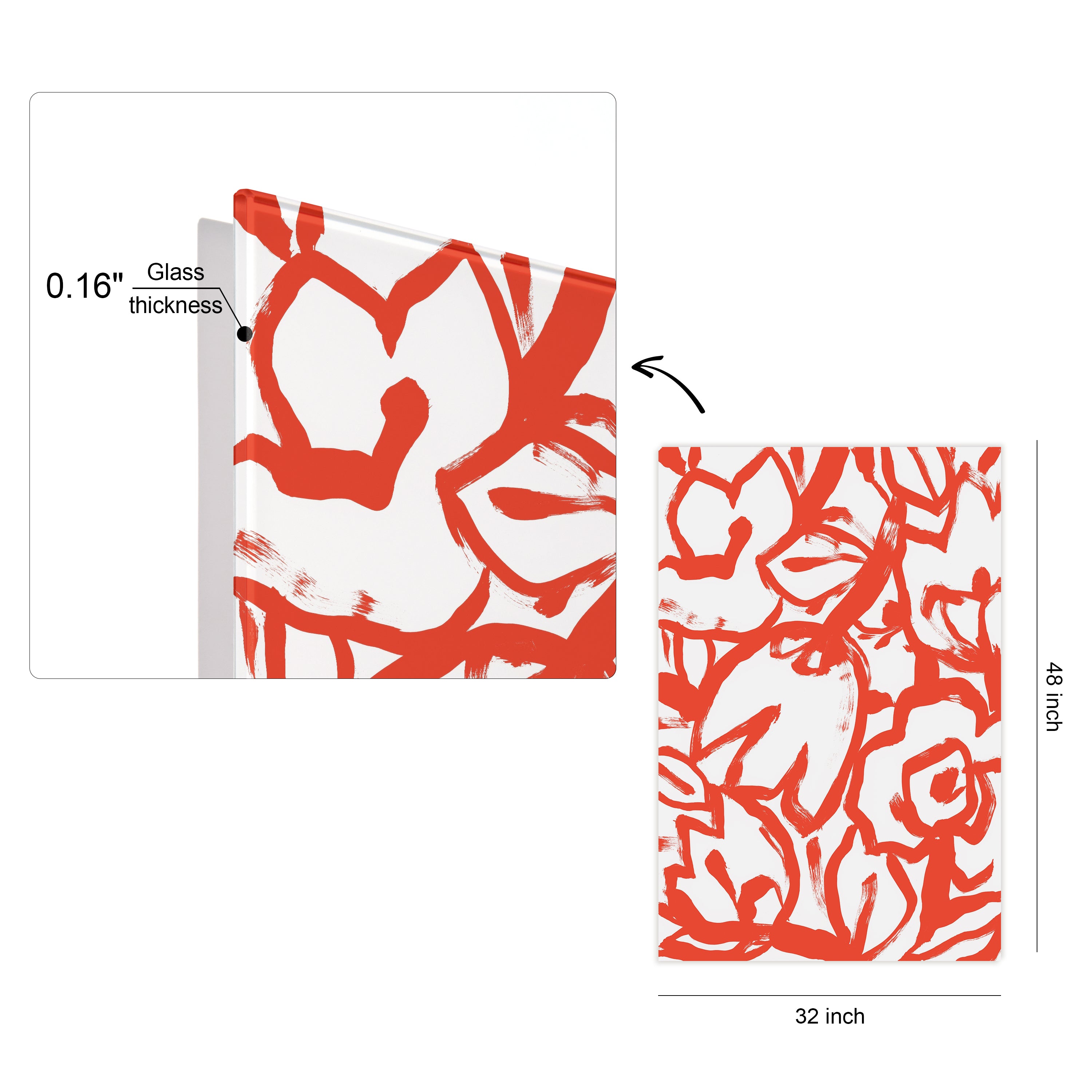 "Scarlet Blooms I" Red Brush Floral Frameless Free Floating Reverse Printed Tempered Art Glass Wall Art
