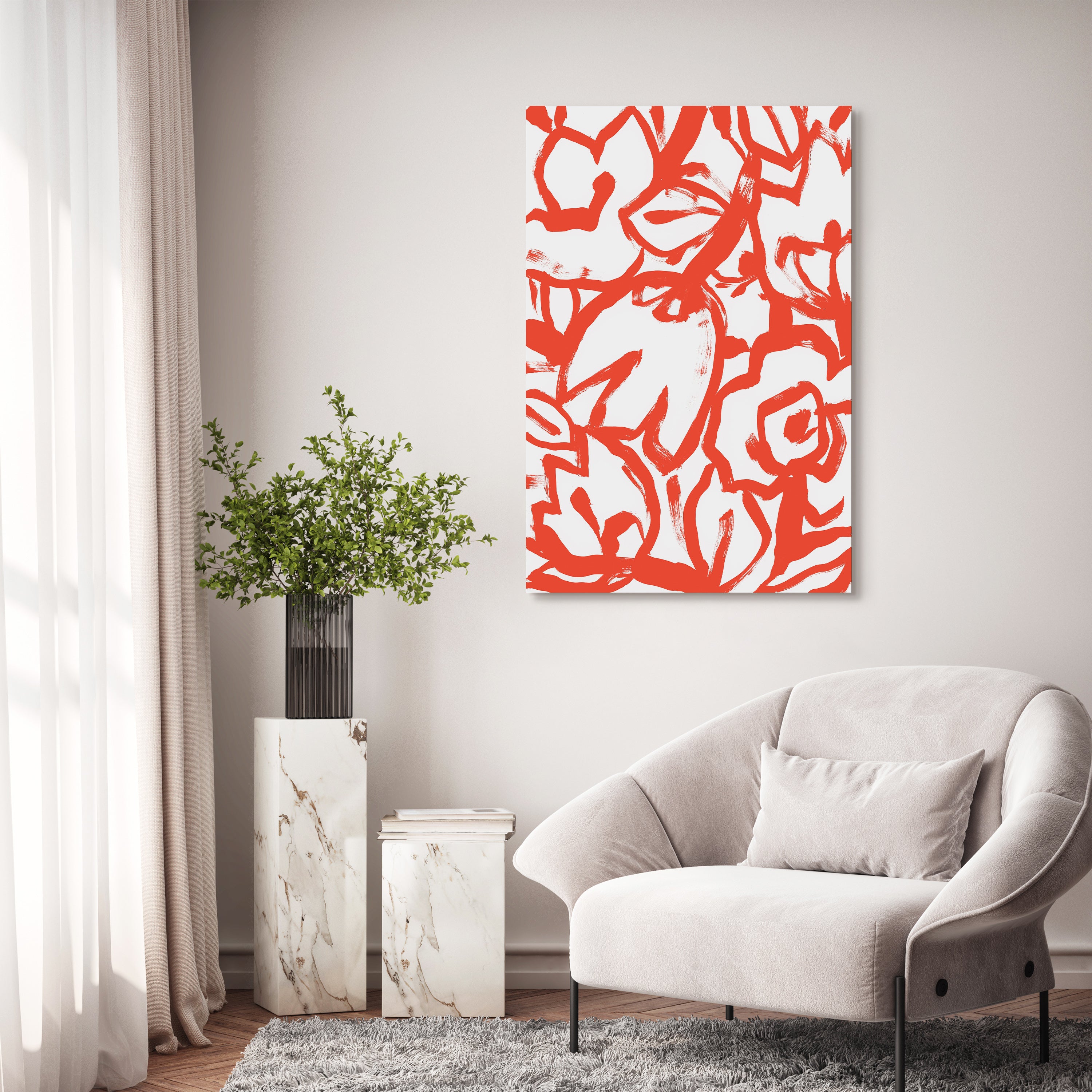 "Scarlet Blooms I" Red Brush Floral Frameless Free Floating Reverse Printed Tempered Art Glass Wall Art