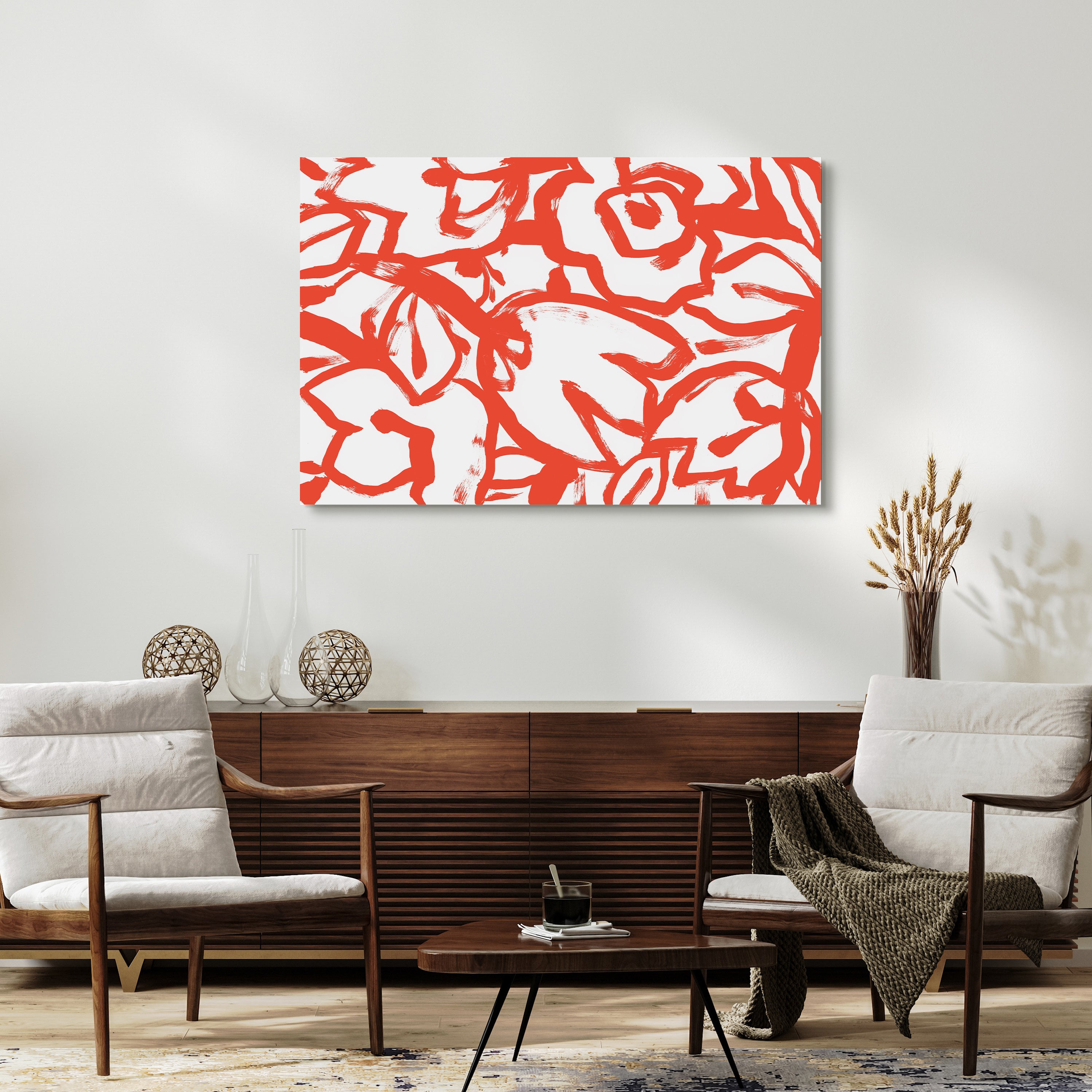 "Scarlet Blooms I" Red Brush Floral Frameless Free Floating Reverse Printed Tempered Art Glass Wall Art