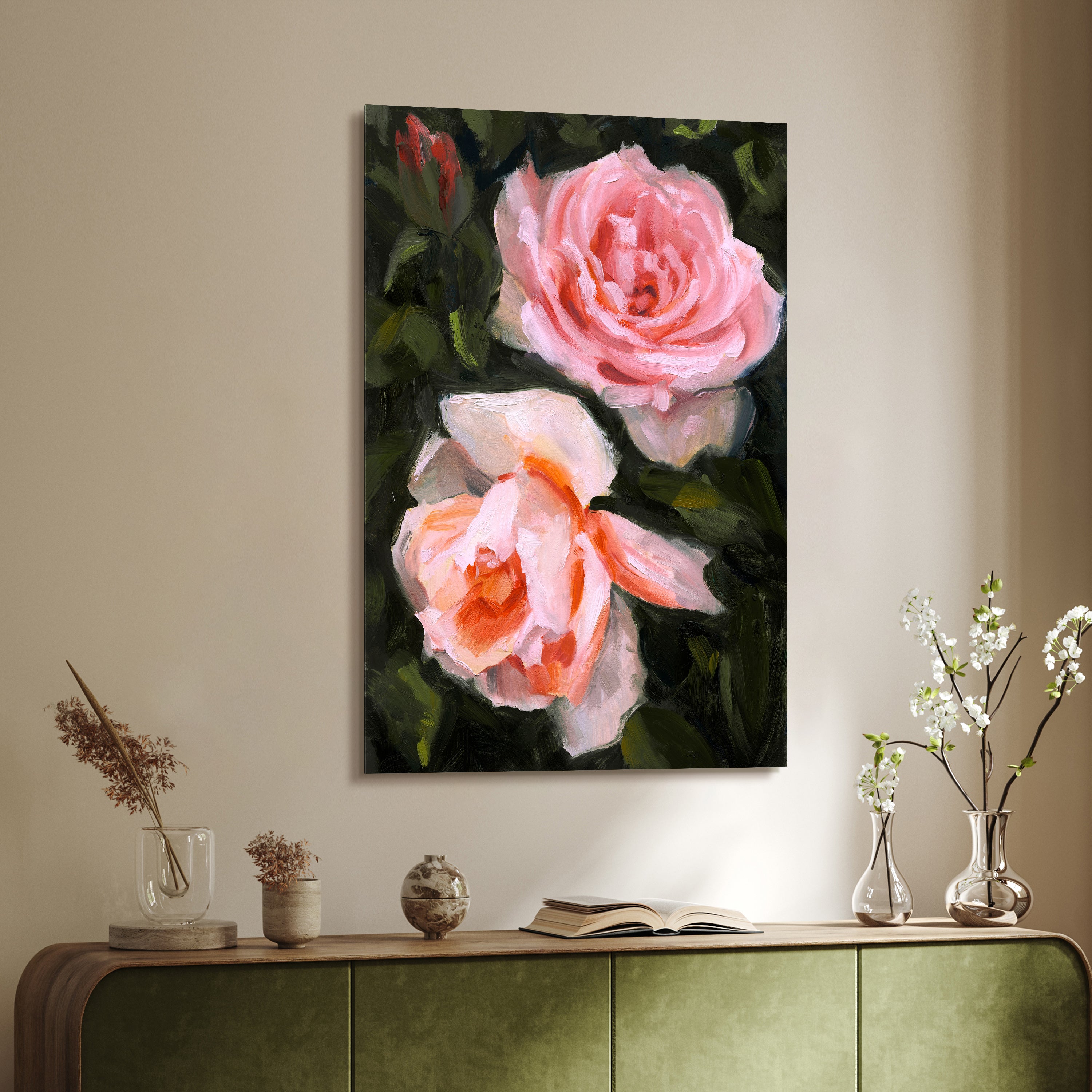 "Ethereal Roses II" Frameless Free Floating Reverse Printed Tempered Art Glass Wall Art