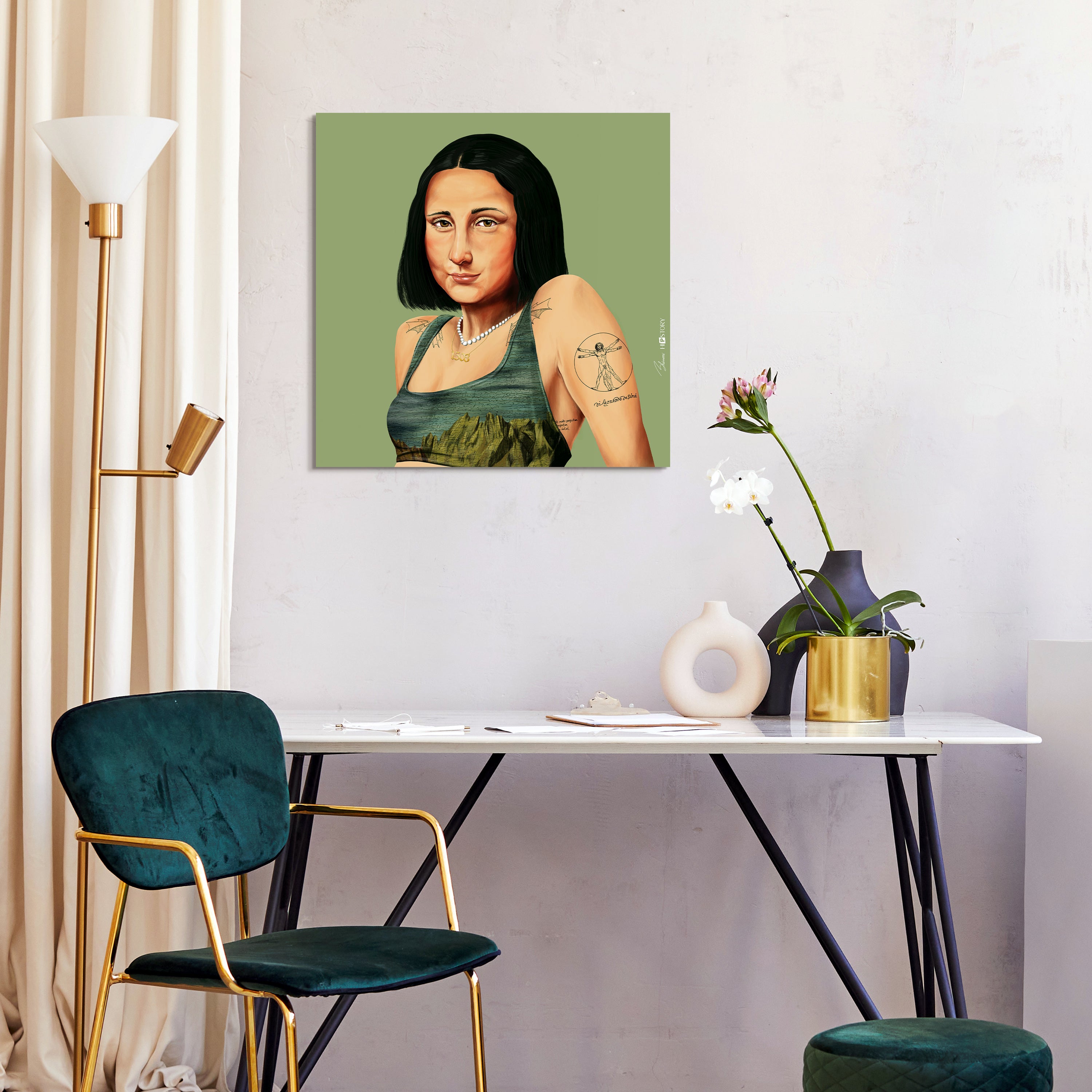 "Hip Mona Lisa" Frameless Free Floating Reverse Printed Tempered Art Glass Wall Art