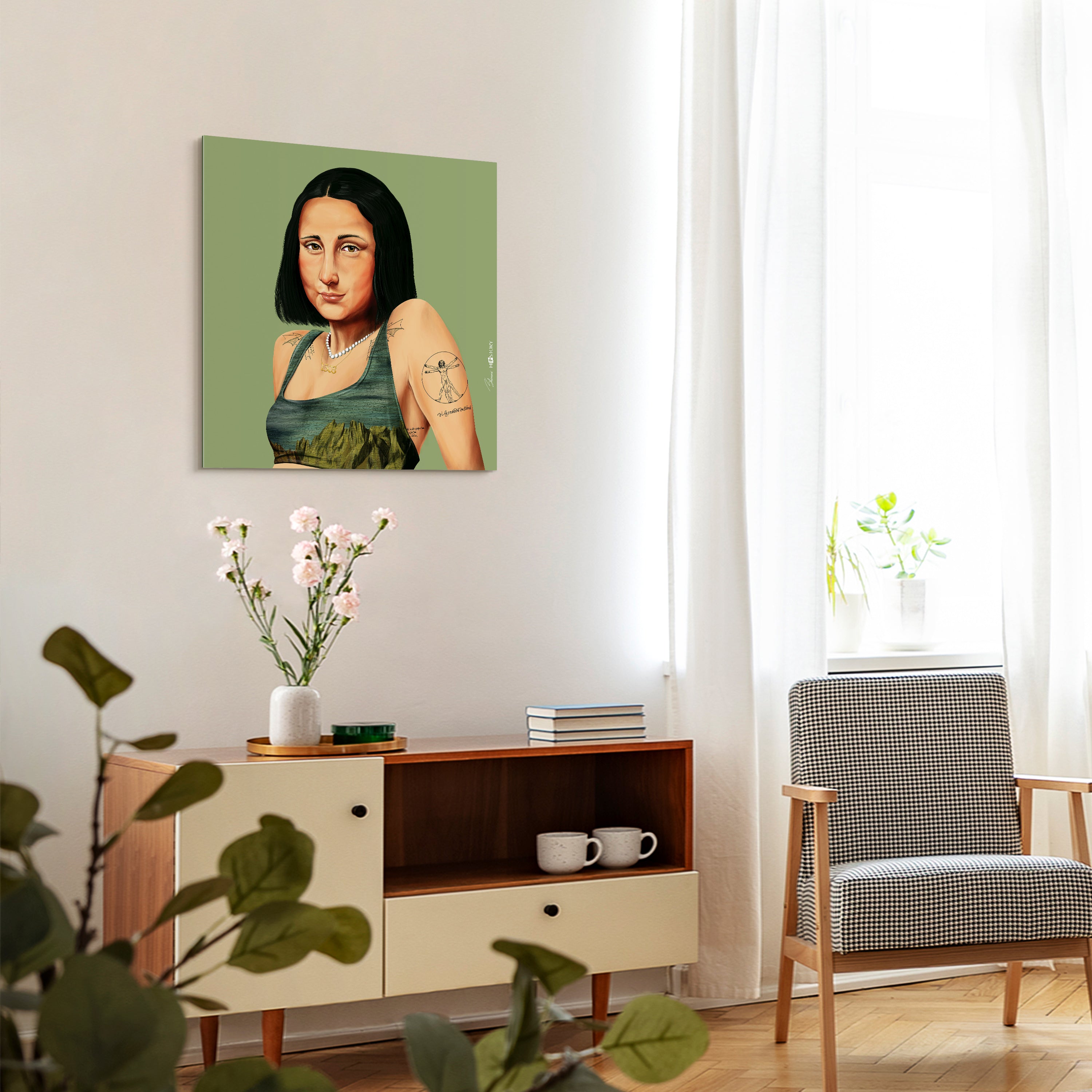 "Hip Mona Lisa" Frameless Free Floating Reverse Printed Tempered Art Glass Wall Art