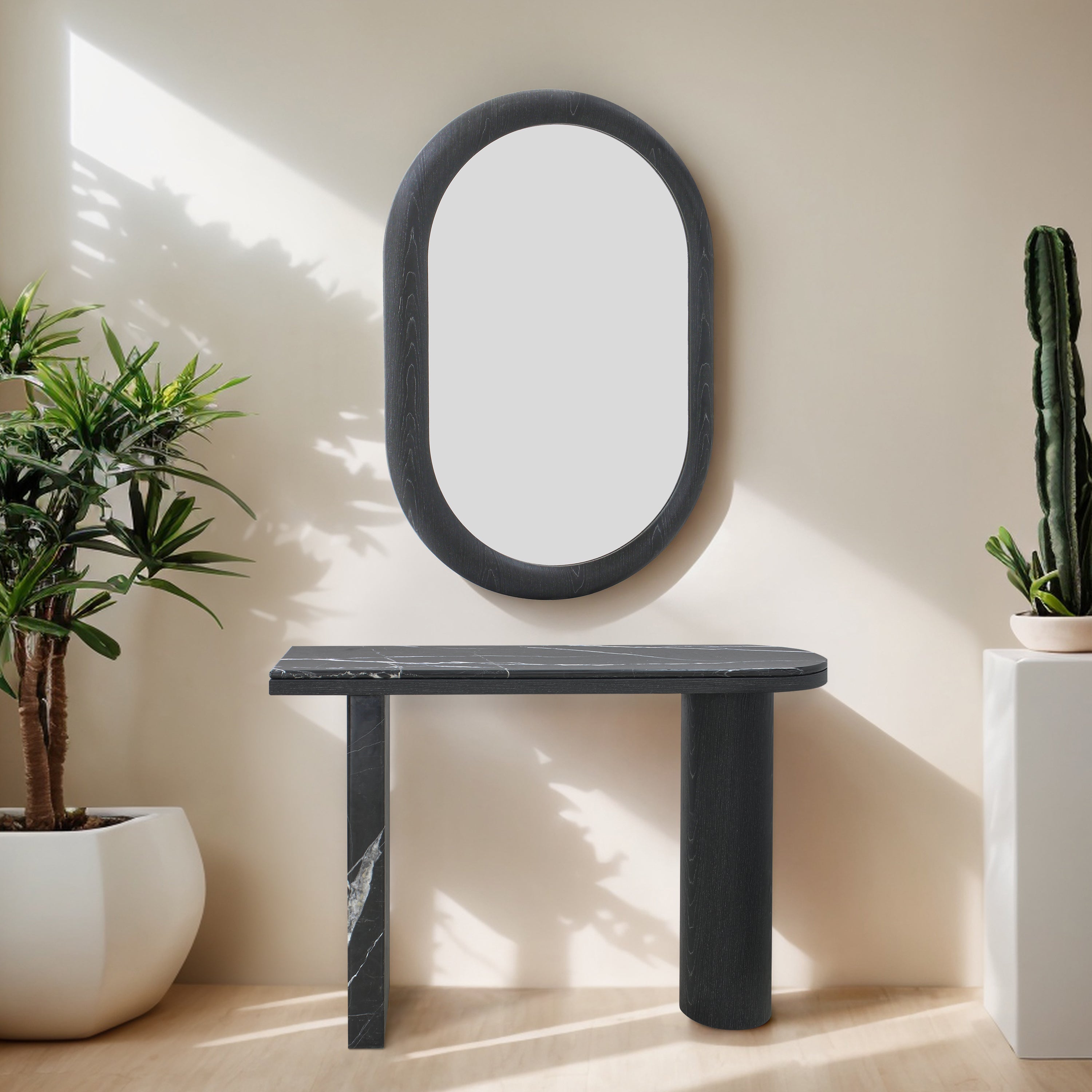 Modern and Curvilinear Black Wood Veneer Mirror and Console Set