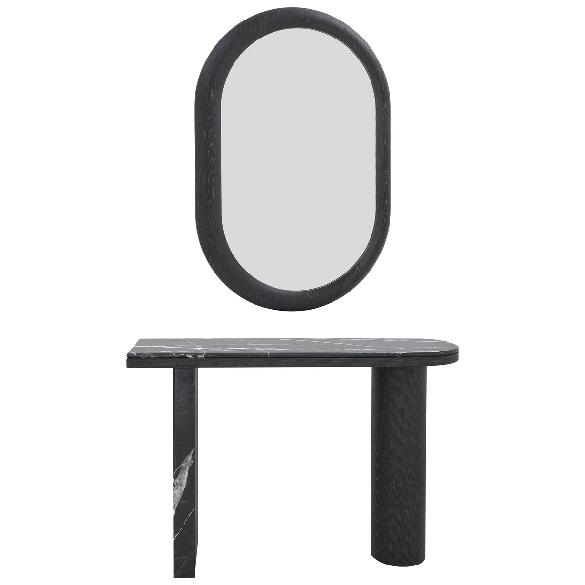 Modern and Curvilinear Black Wood Veneer Mirror and Console Set