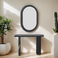 Modern and Curvilinear Black Wood Veneer Mirror and Console Set